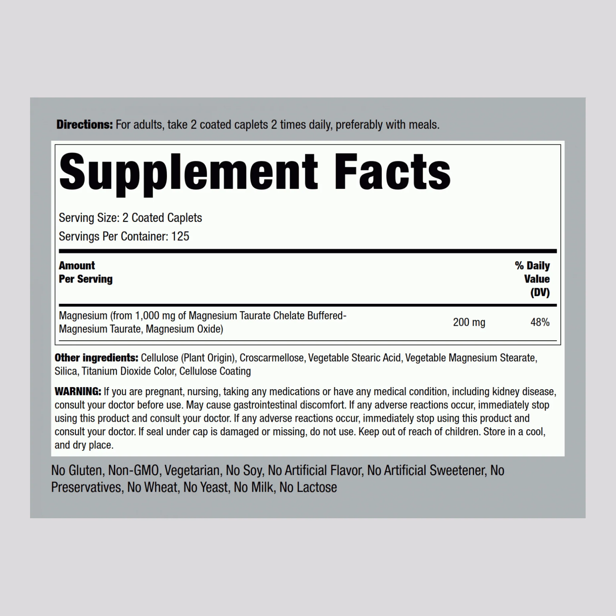 Magnesium Taurate, 1000 mg (per serving), 250 Coated Caplets - Image 2