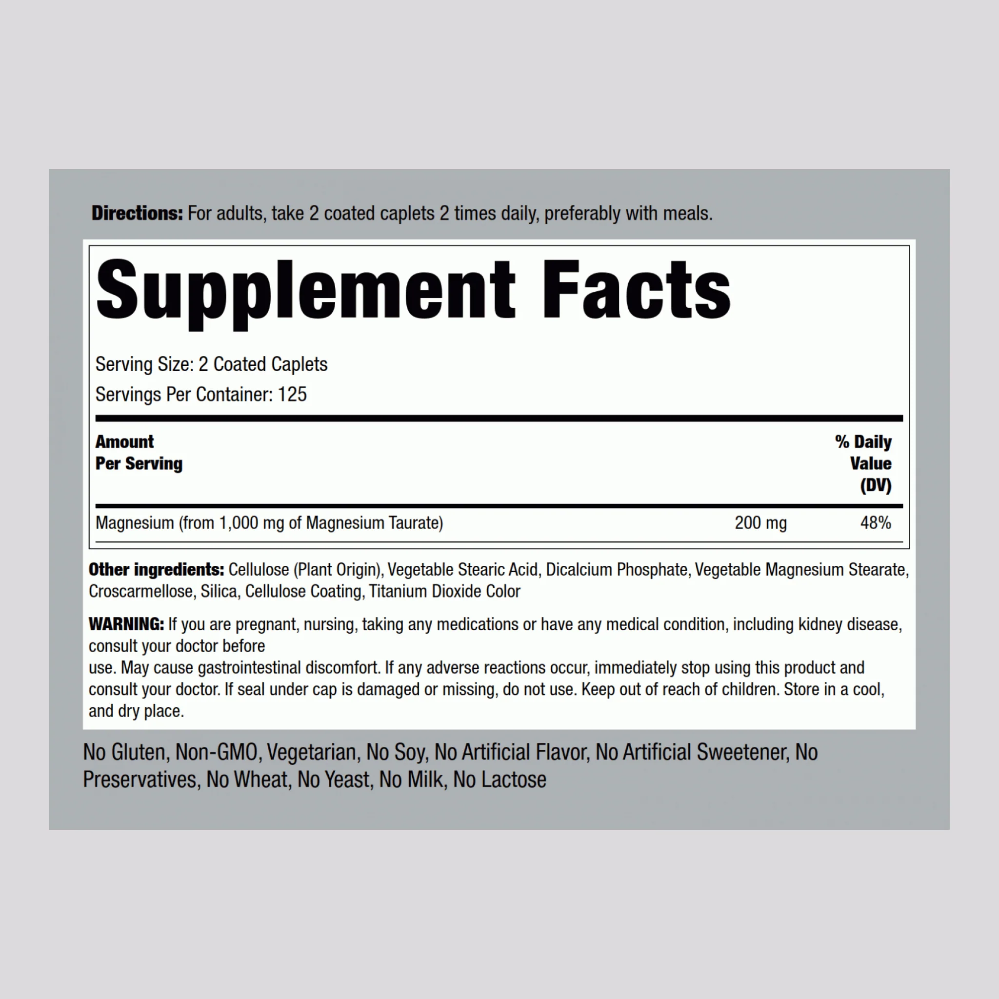Magnesium Taurate, 1000 mg (per serving), 250 Coated Caplets, 2  Bottles - Image 2