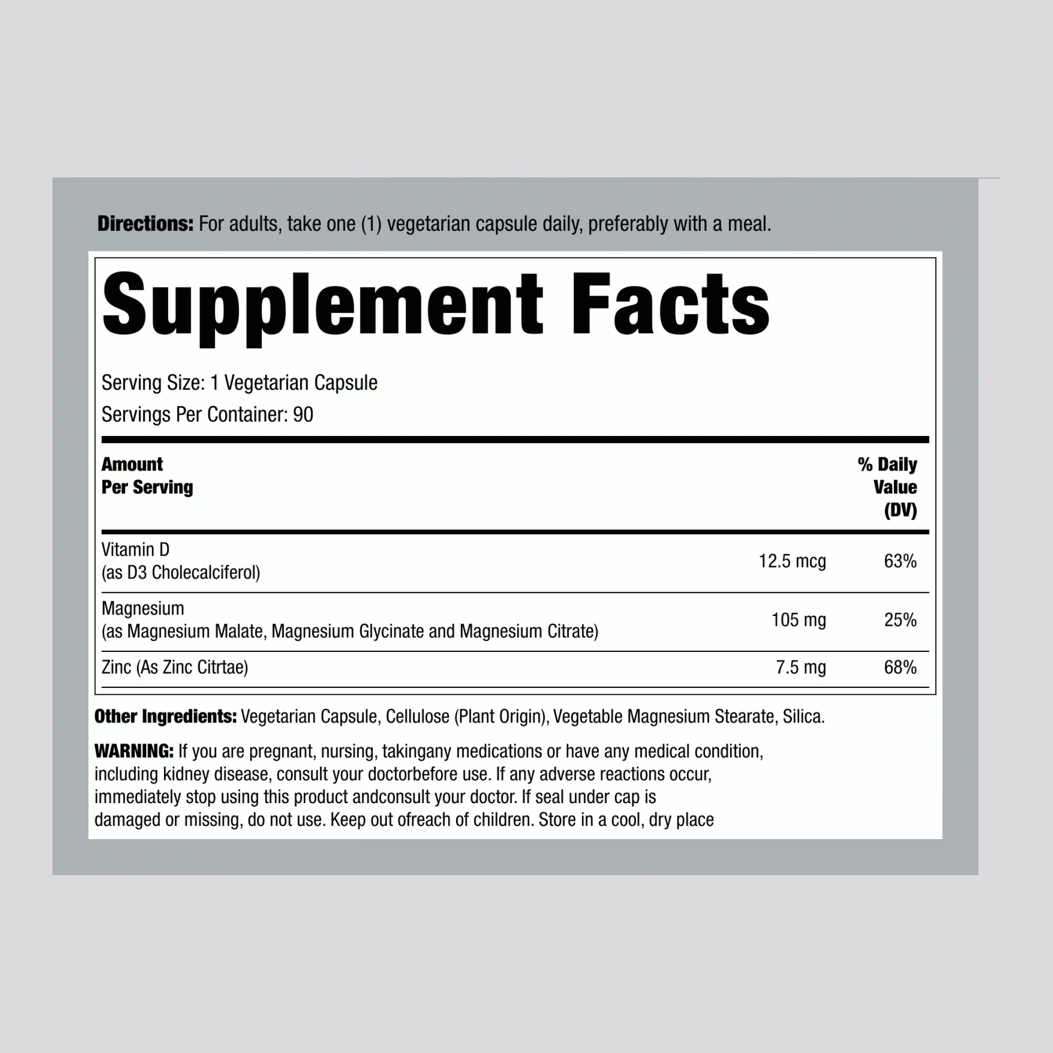 Magnesium Zinc and Vitamin D3, 90 Vegetarian Capsules - Image 2
