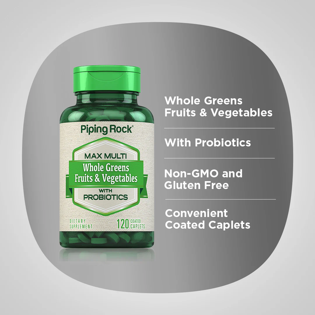Max Multi Whole Greens/Fruits & Vegetables with Probiotics, 120 Coated Caplets, 2  Bottles - Image 3