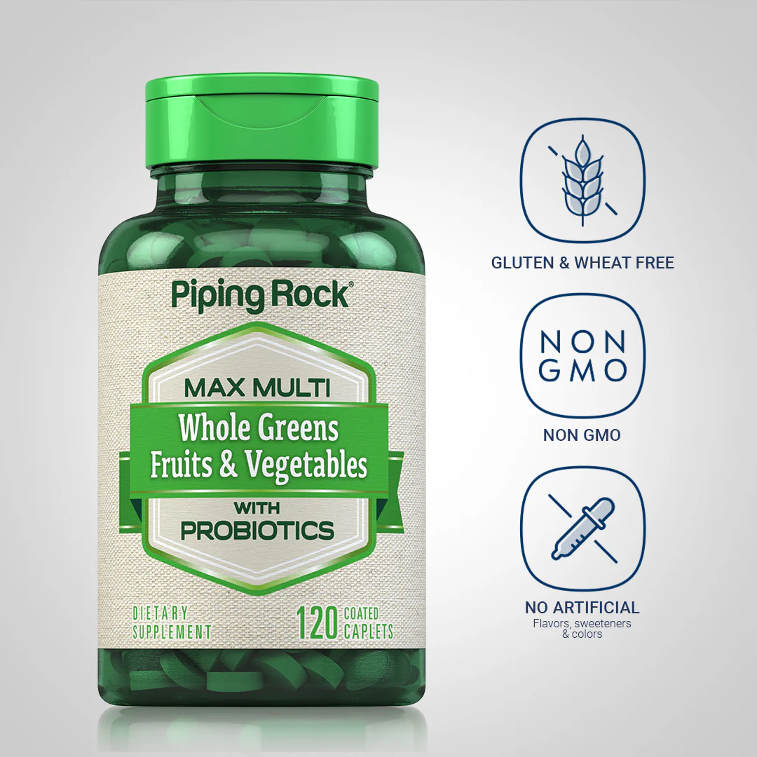 Max Multi Whole Greens/Fruits & Vegetables with Probiotics, 120 Coated Caplets, 2  Bottles - Image 4