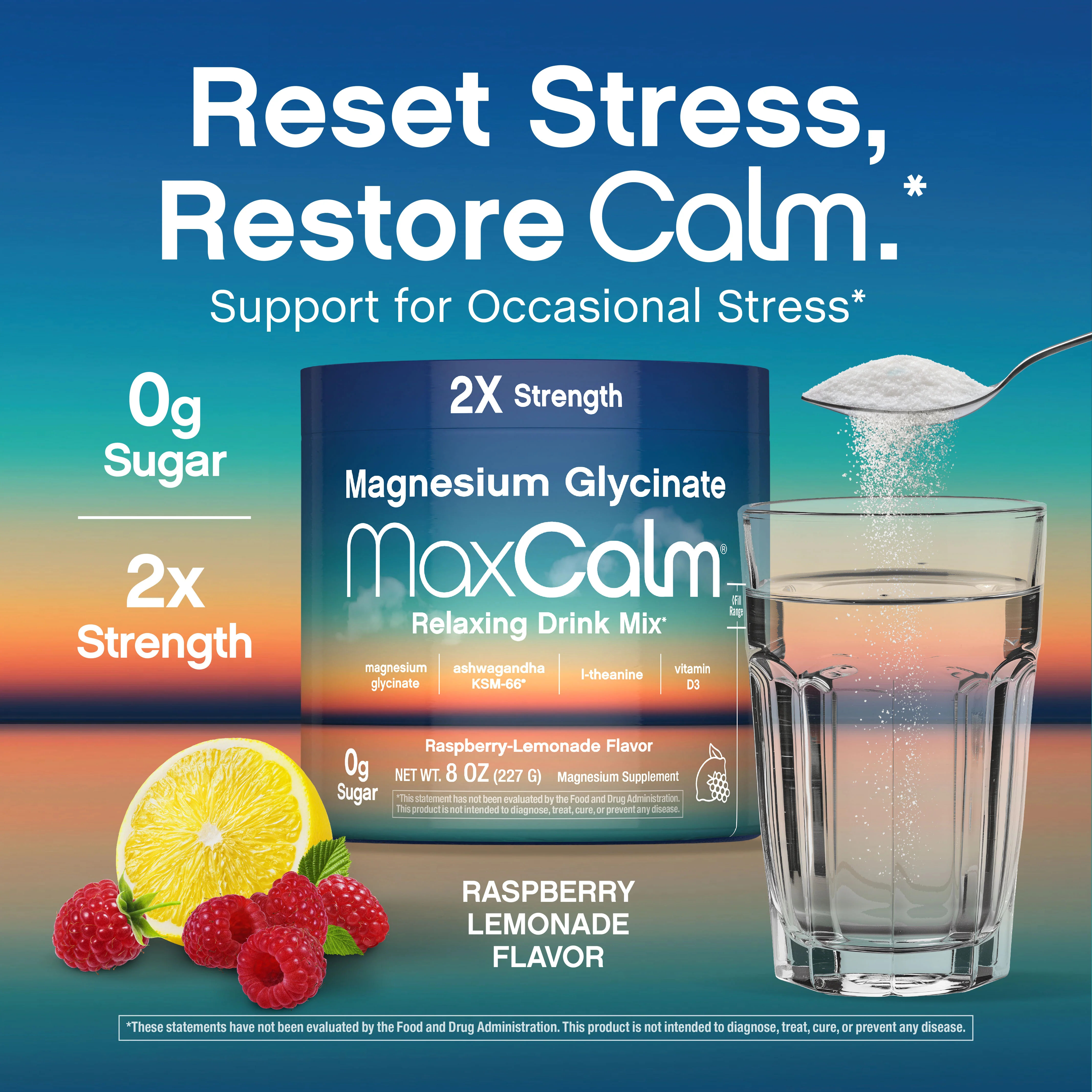 MaxCalm® Relaxing Drink Mix* Magnesium Glycinate Raspberry-Lemonade, 8 oz (227 g) Bottle - Image 6