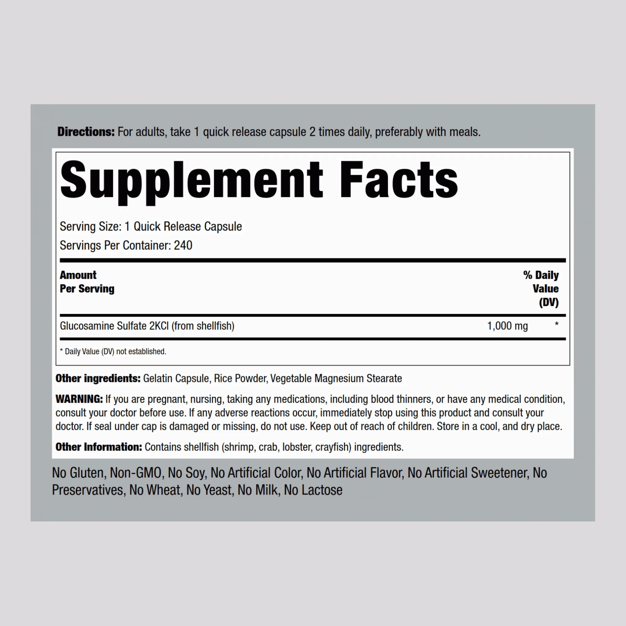 Mega Glucosamine Sulfate, 1000 mg, 240 Quick Release Capsules, 2  Bottles - Image 2