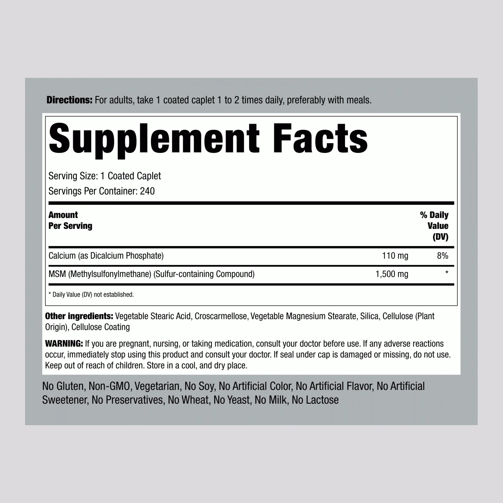 Mega MSM + Sulfur, 1500 mg, 240 Coated Caplets - Image 2