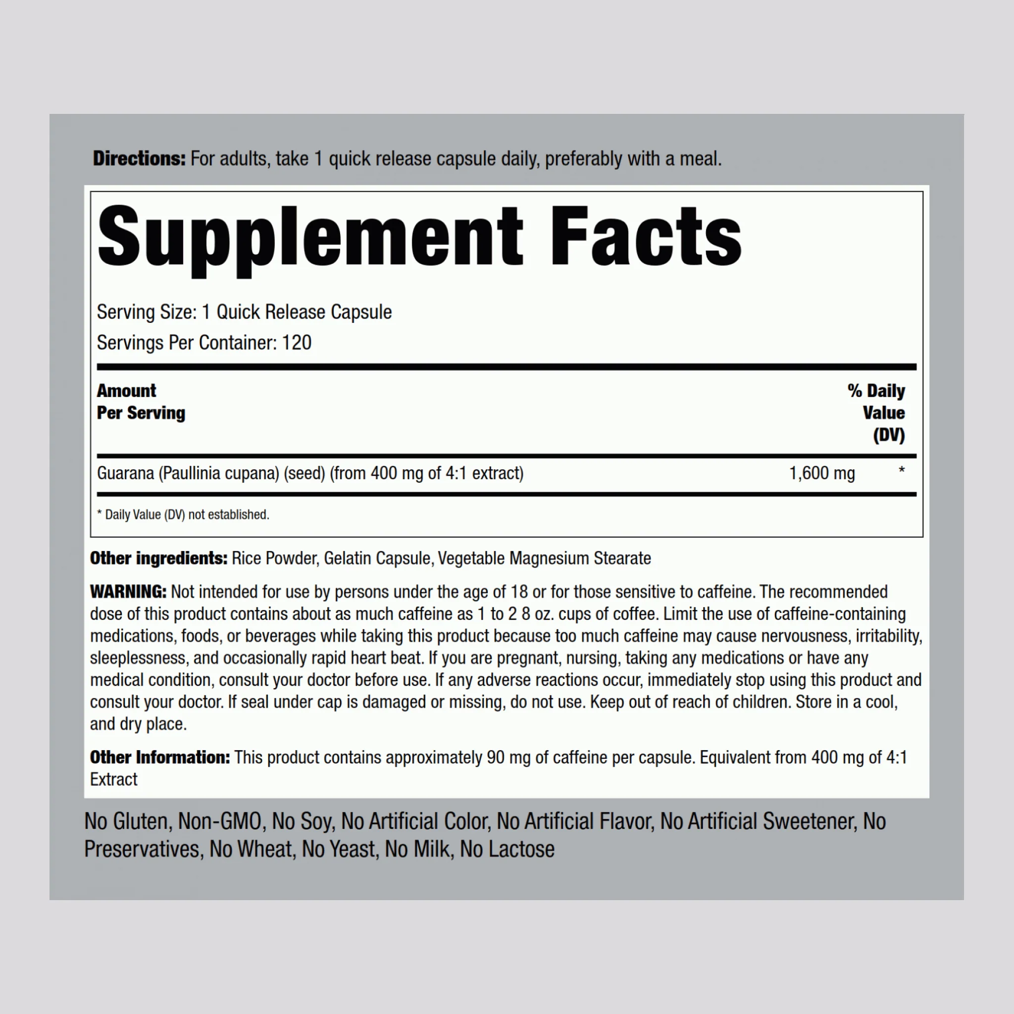Mega Strength Guarana, 1600 mg, 120 Quick Release Capsules - Image 2