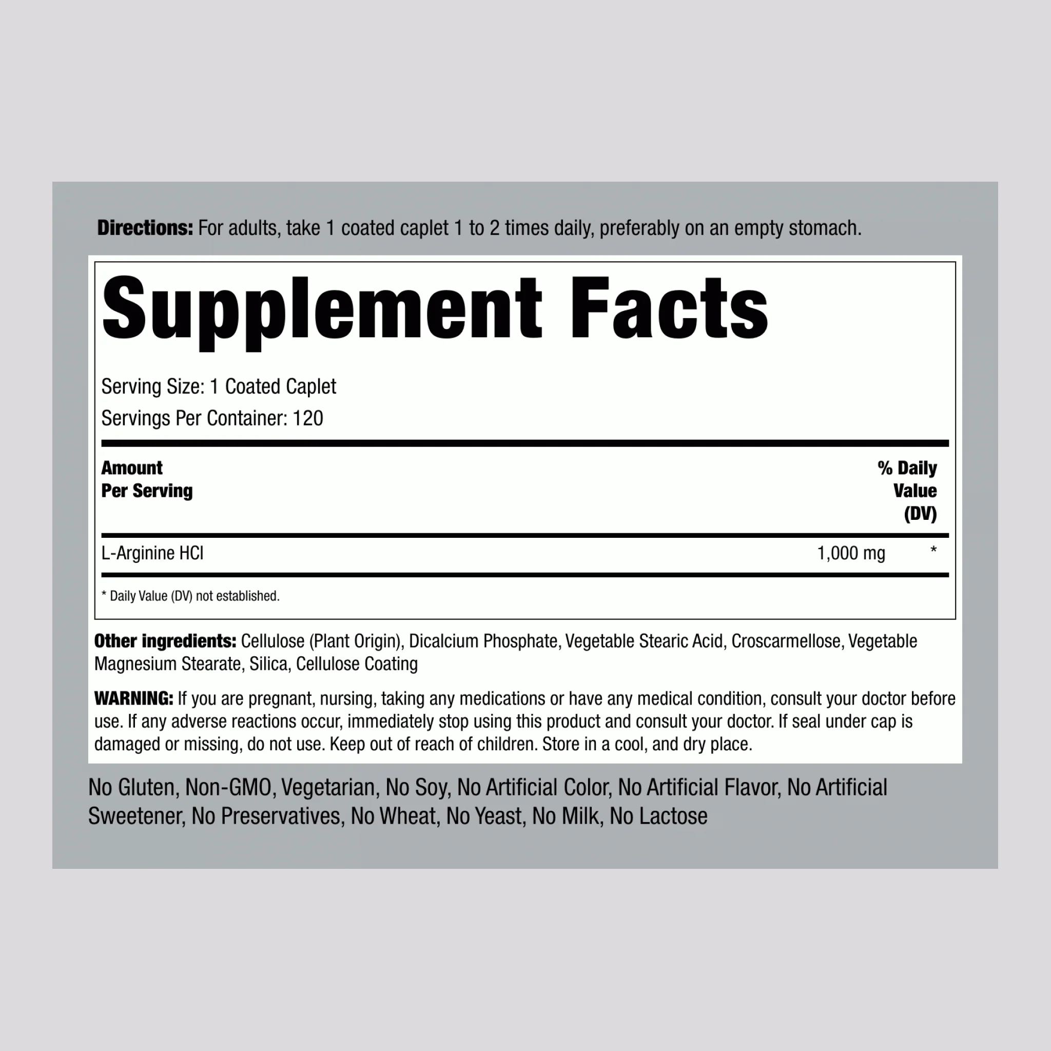 Mega Strength L-Arginine HCL, 1000 mg, 120 Coated Caplets, 2  Bottles - Image 2