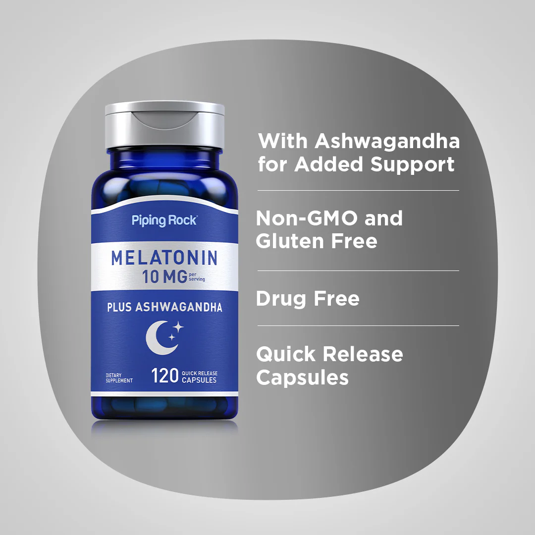 Melatonin Plus Ashwagandha, 10 mg (per serving), 120 Quick Release Capsules - Image 3