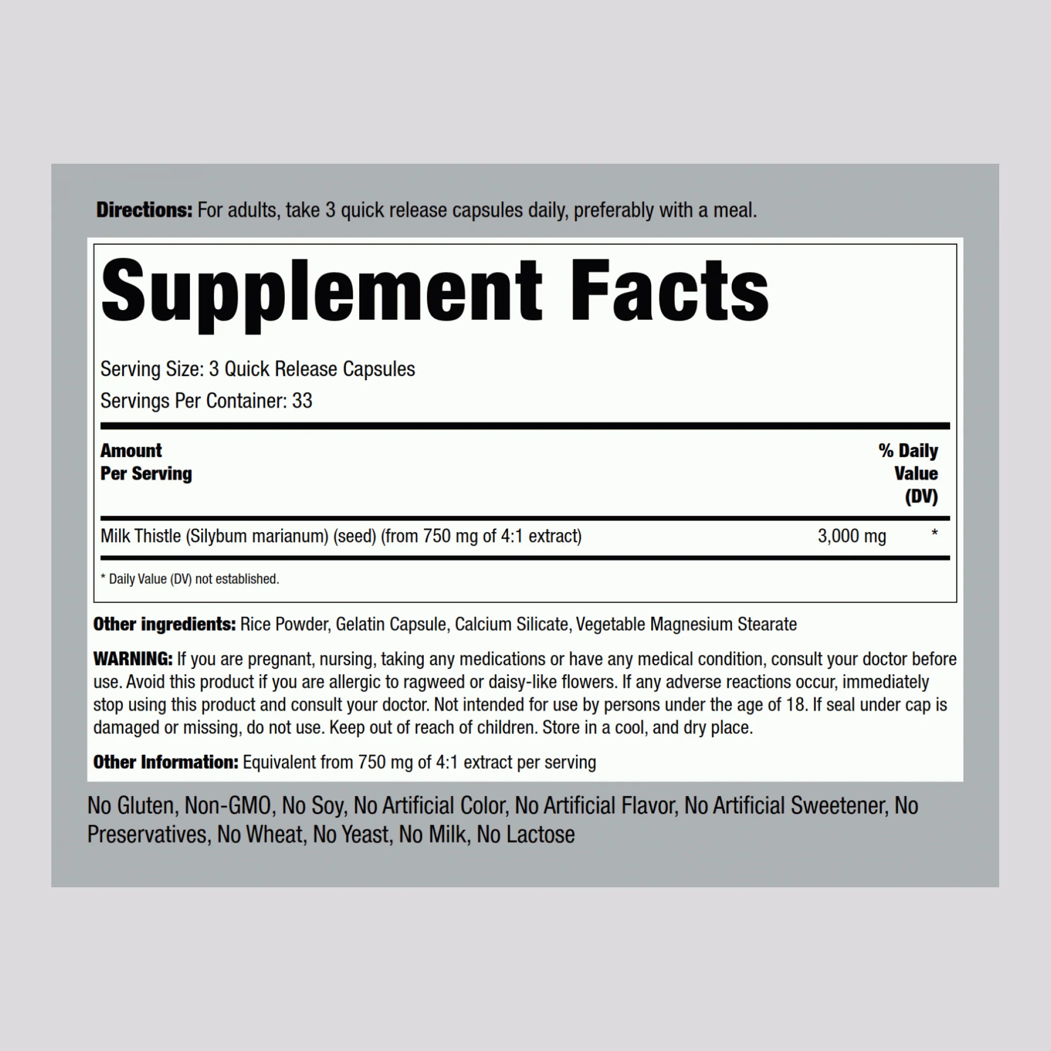 Milk Thistle Seed Extract, 3000 mg (per serving), 100 Quick Release Capsules - Image 2