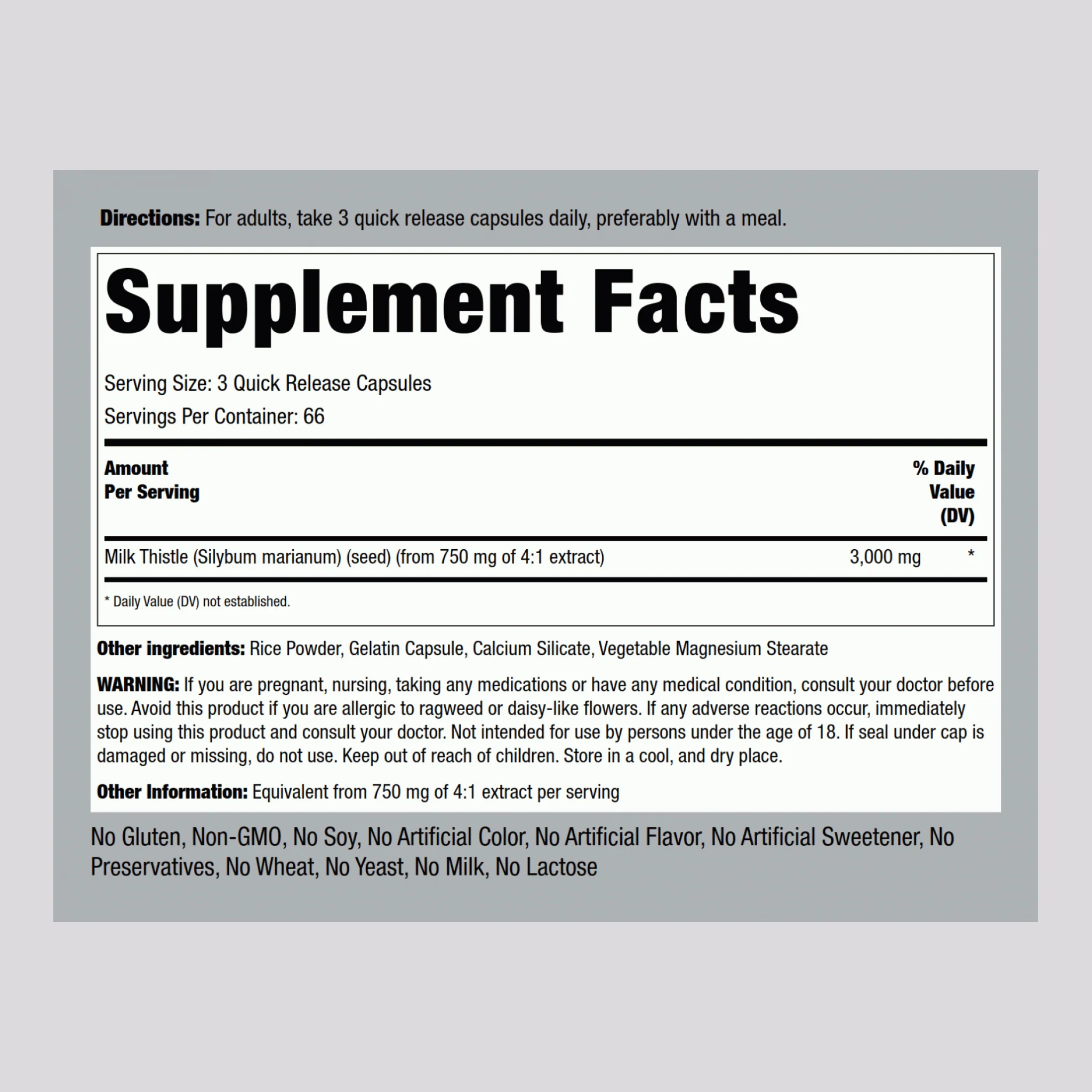 Milk Thistle Seed Extract, 3000 mg (per serving), 200 Quick Release Capsules - Image 2