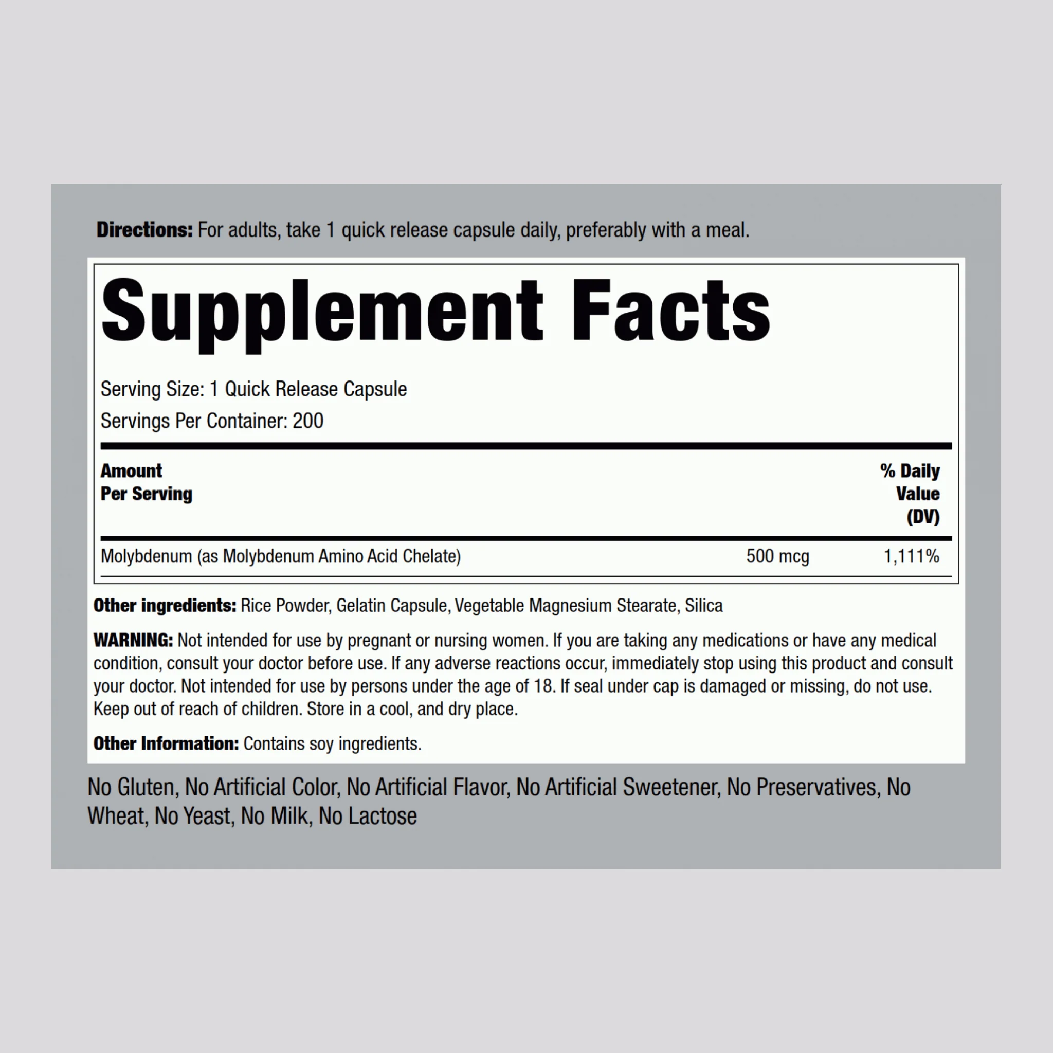Molybdenum, 500 mcg, 200 Quick Release Capsules, 2  Bottles - Image 2