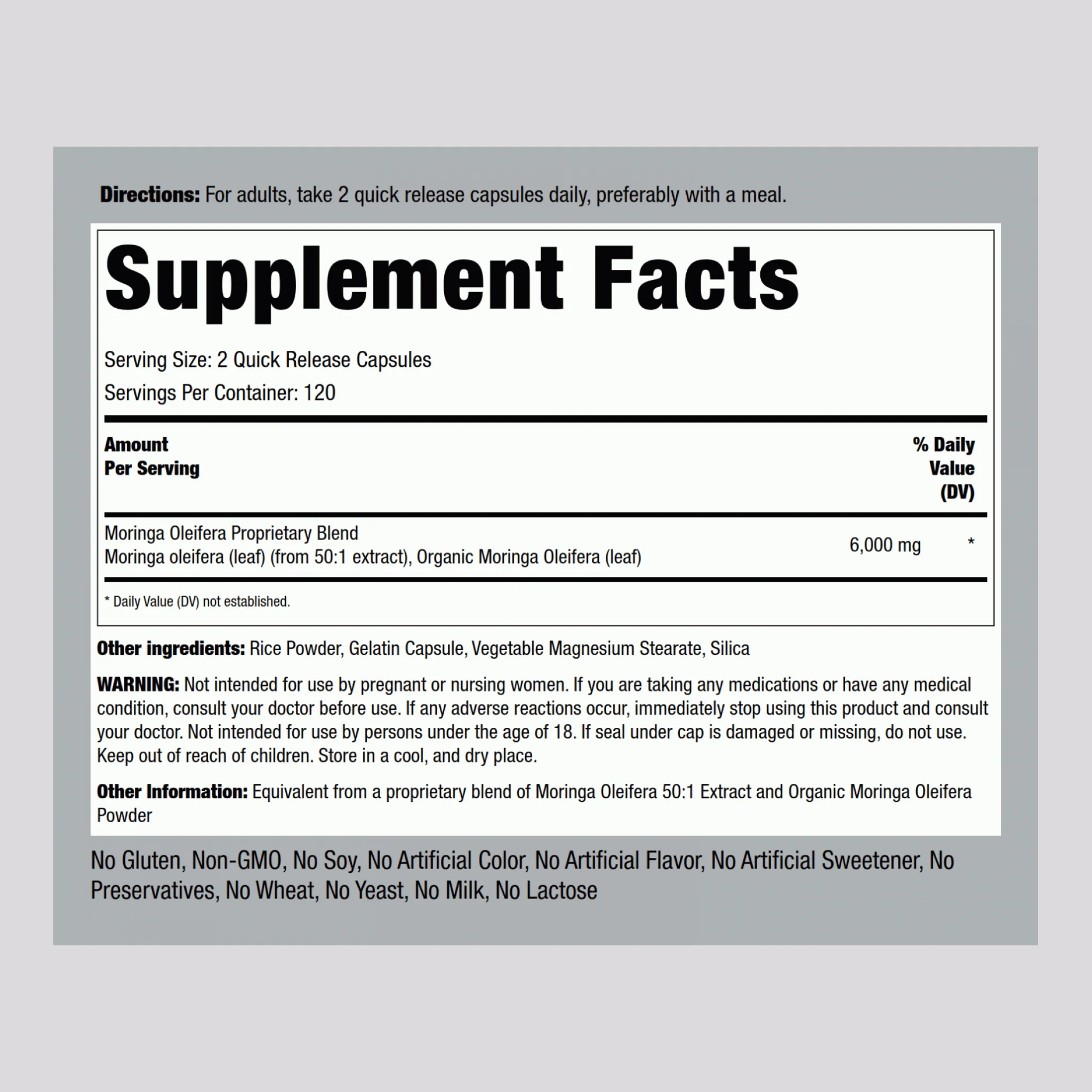 Moringa Oleifera, 6000 mg (per serving), 240 Quick Release Capsules, 2  Bottles - Image 2