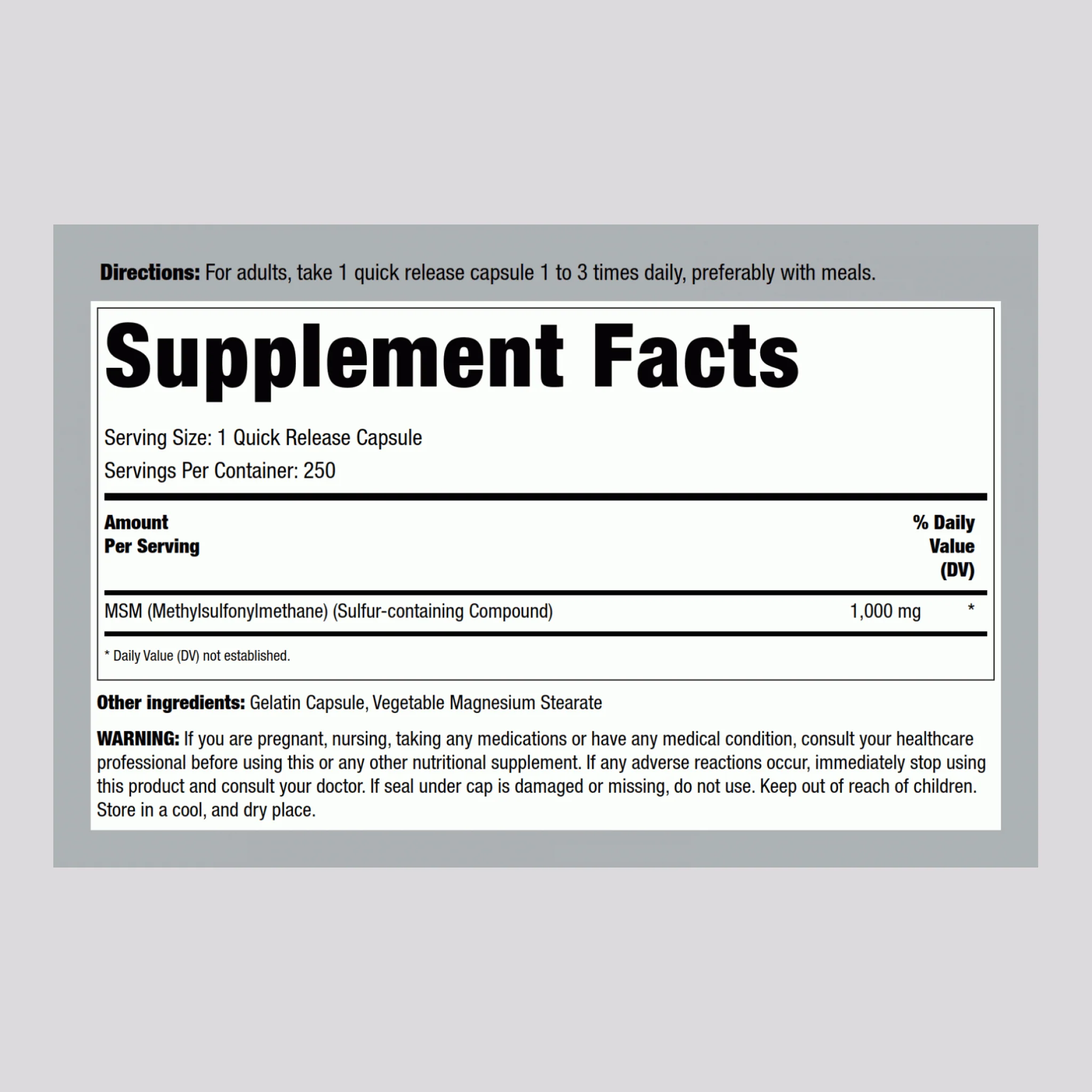 MSM + Sulfur, 1000 mg, 250 Quick Release Capsules - Image 2