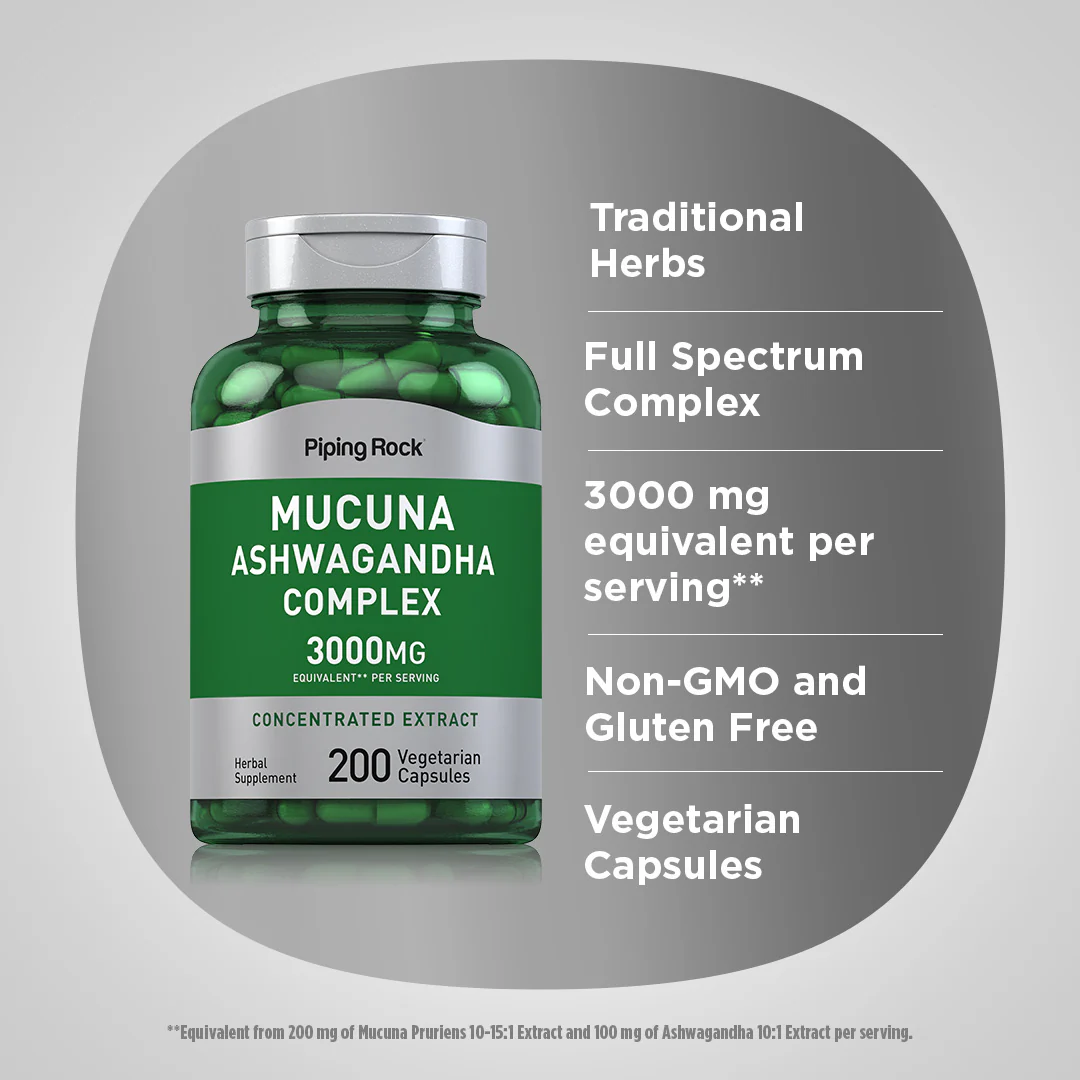 Mucuna Ashwagandha Complex, 3000 mg (per serving), 200 Vegetarian Capsules - Image 3