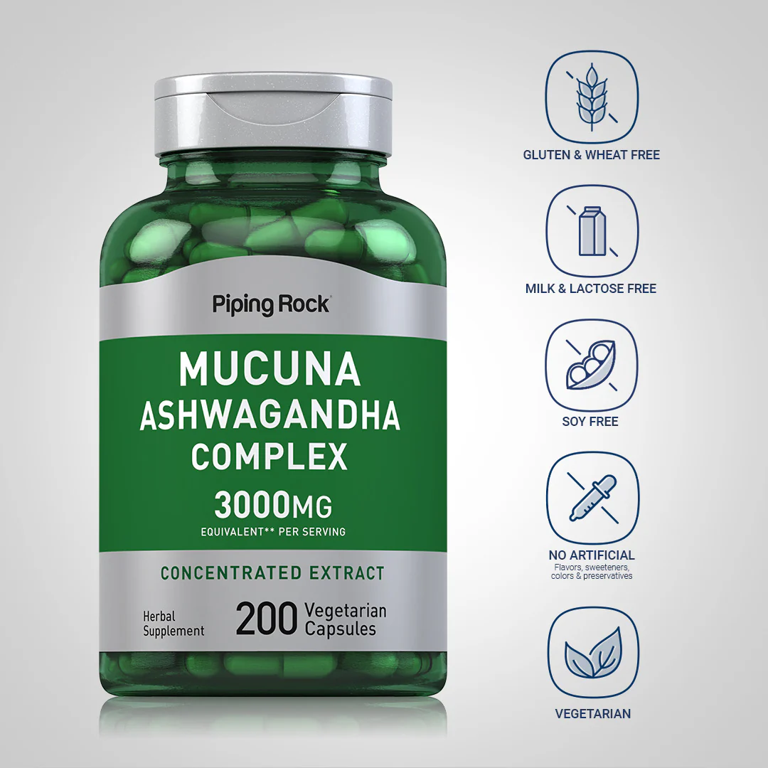 Mucuna Ashwagandha Complex, 3000 mg (per serving), 200 Vegetarian Capsules, 2  Bottles - Image 4