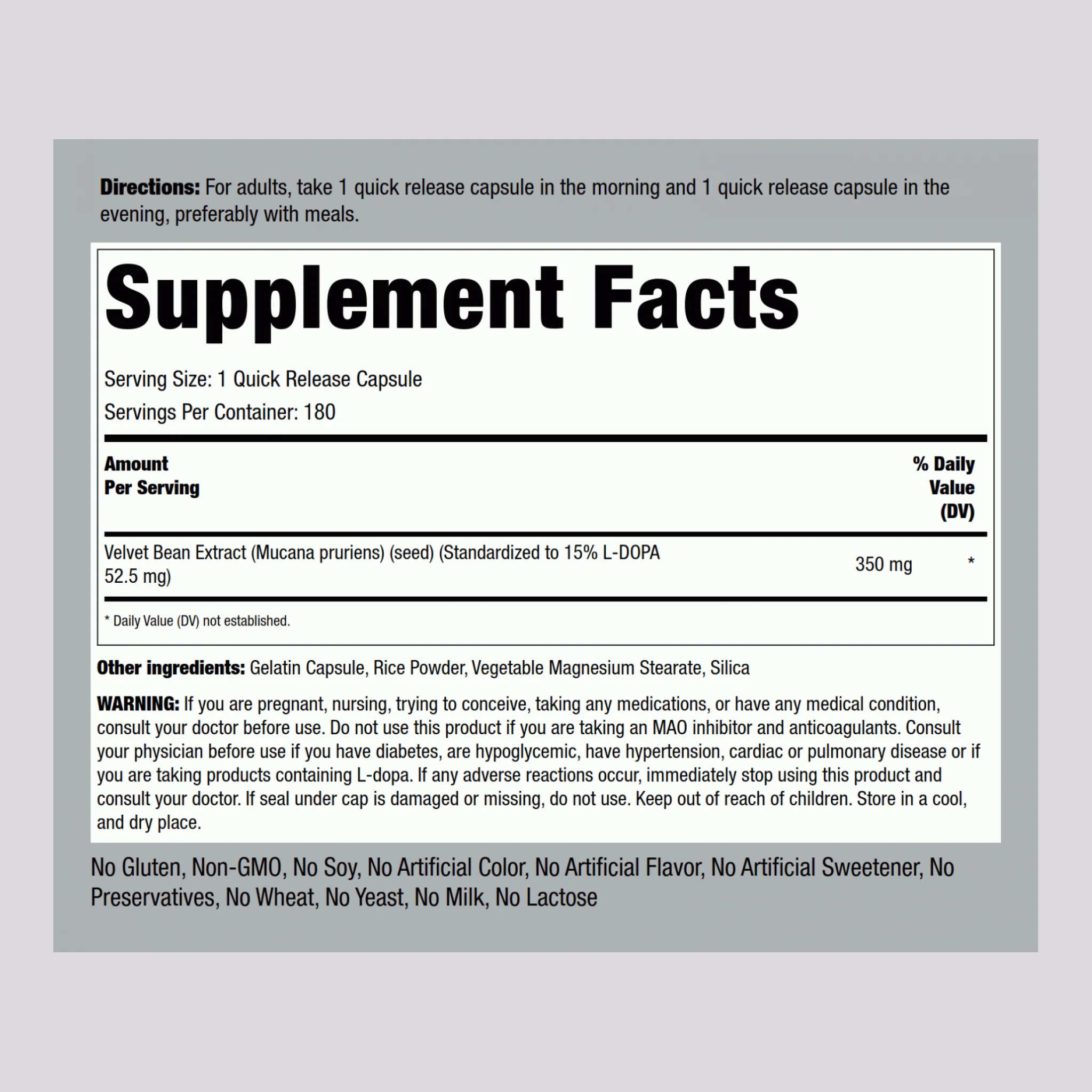 Mucuna Pruriens Standardized (Velvet Bean), 350 mg, 180 Quick Release Capsules - Image 2