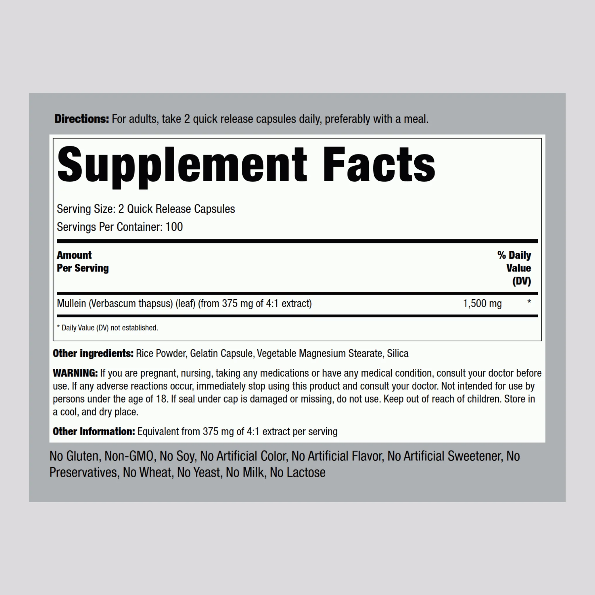 Mullein Leaf (Gordolobo), 1500 mg (per serving), 200 Quick Release Capsules - Image 2