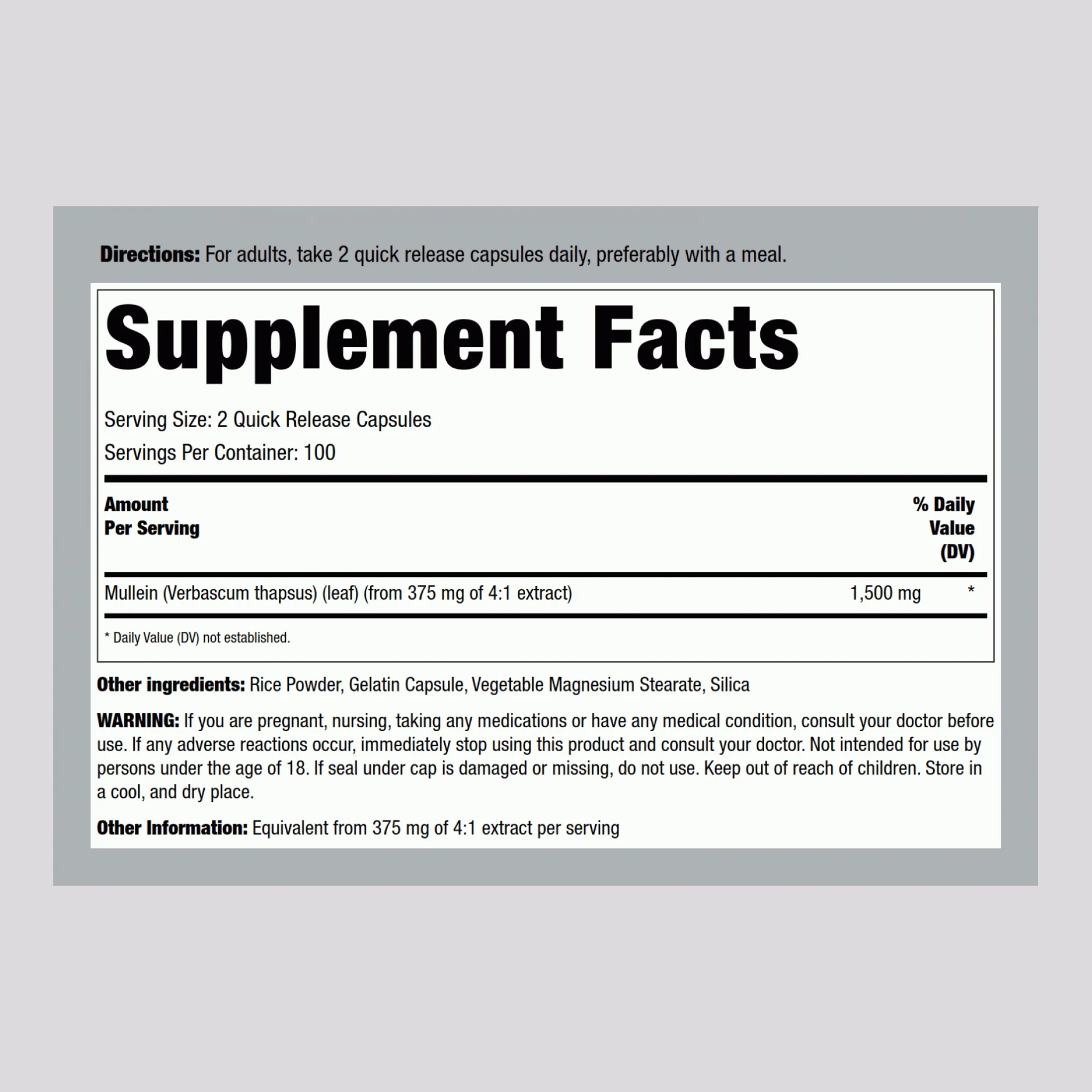 Mullein Leaf (Gordolobo), 1500 mg (per serving), 200 Quick Release Capsules, 2  Bottles - Image 2