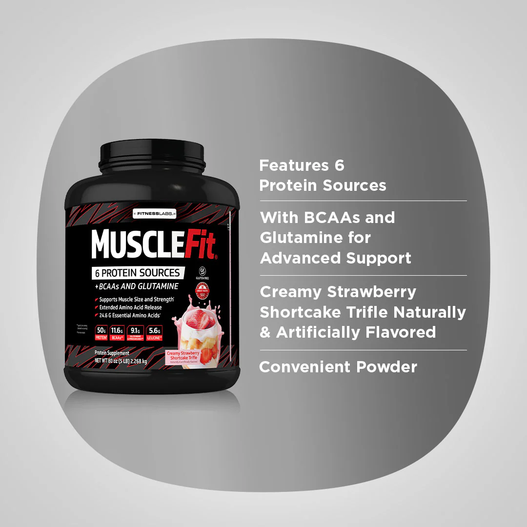 MuscleFit Protein Powder (Creamy Strawberry Shortcake Trifle), 5 lb (2.268 kg) Bottle - Image 3