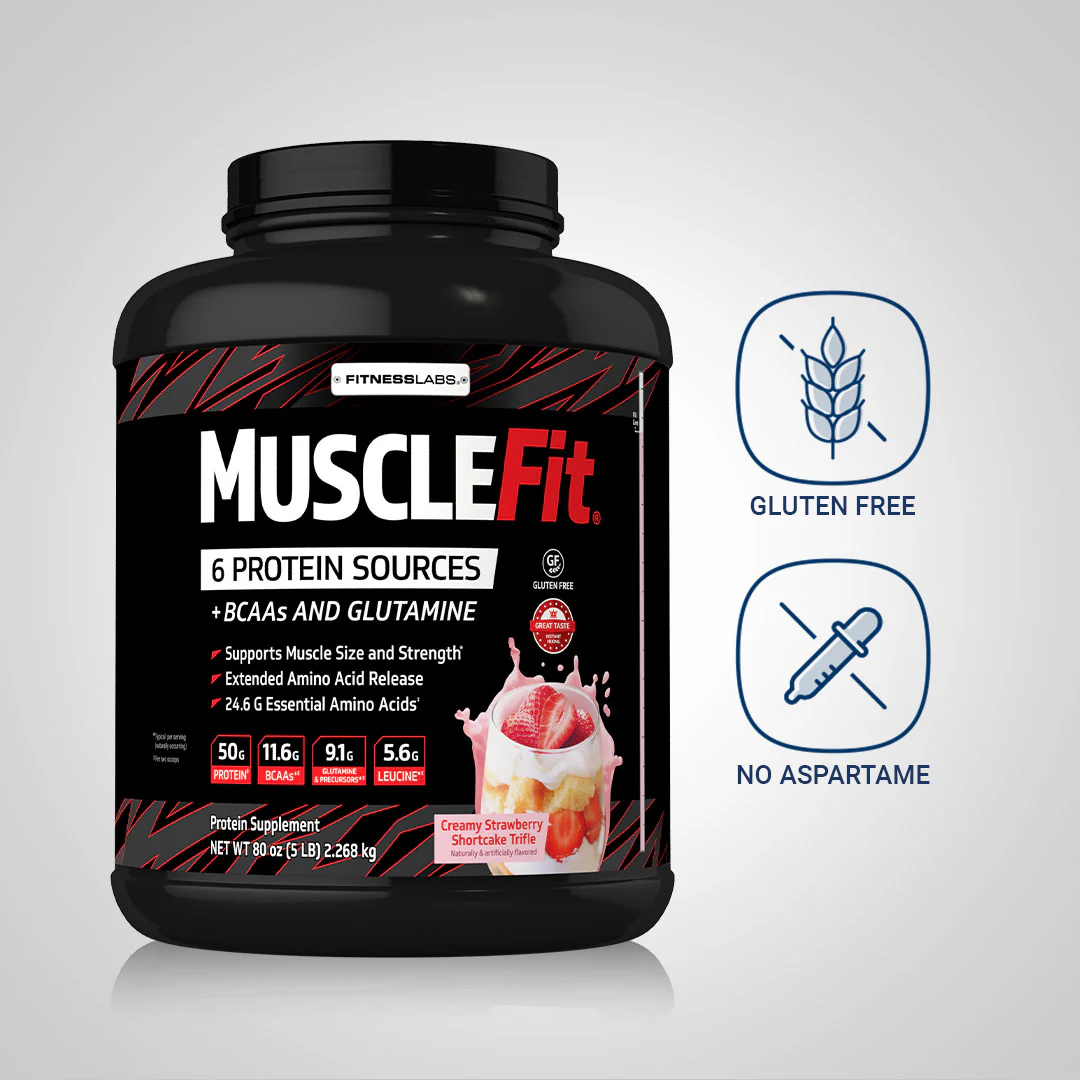 MuscleFit Protein Powder (Creamy Strawberry Shortcake Trifle), 5 lb (2.268 kg) Bottle - Image 4