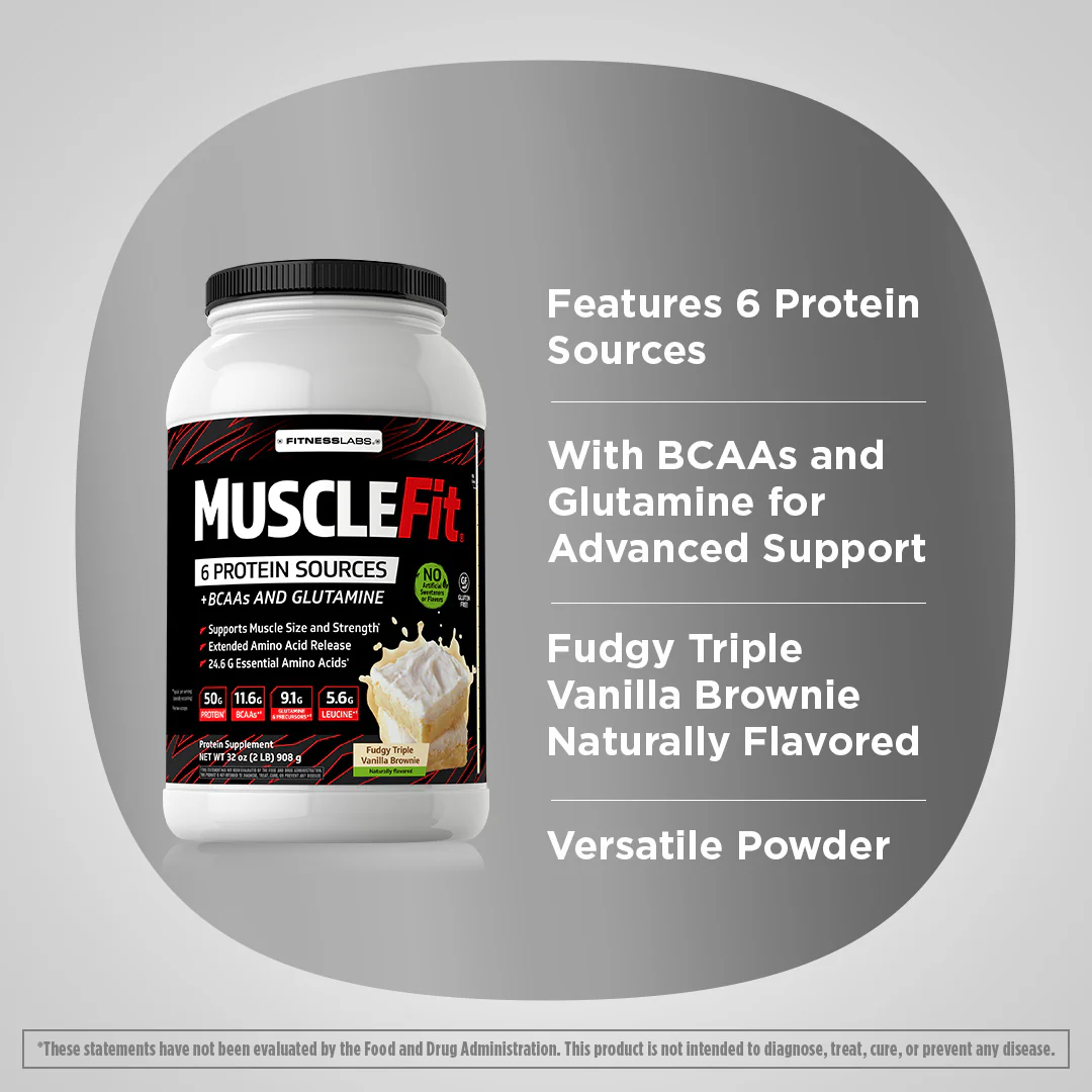 MuscleFit Protein Powder (Natural Fudgy Triple Vanilla Brownie), 2 lb (908 g) Bottle - Image 3