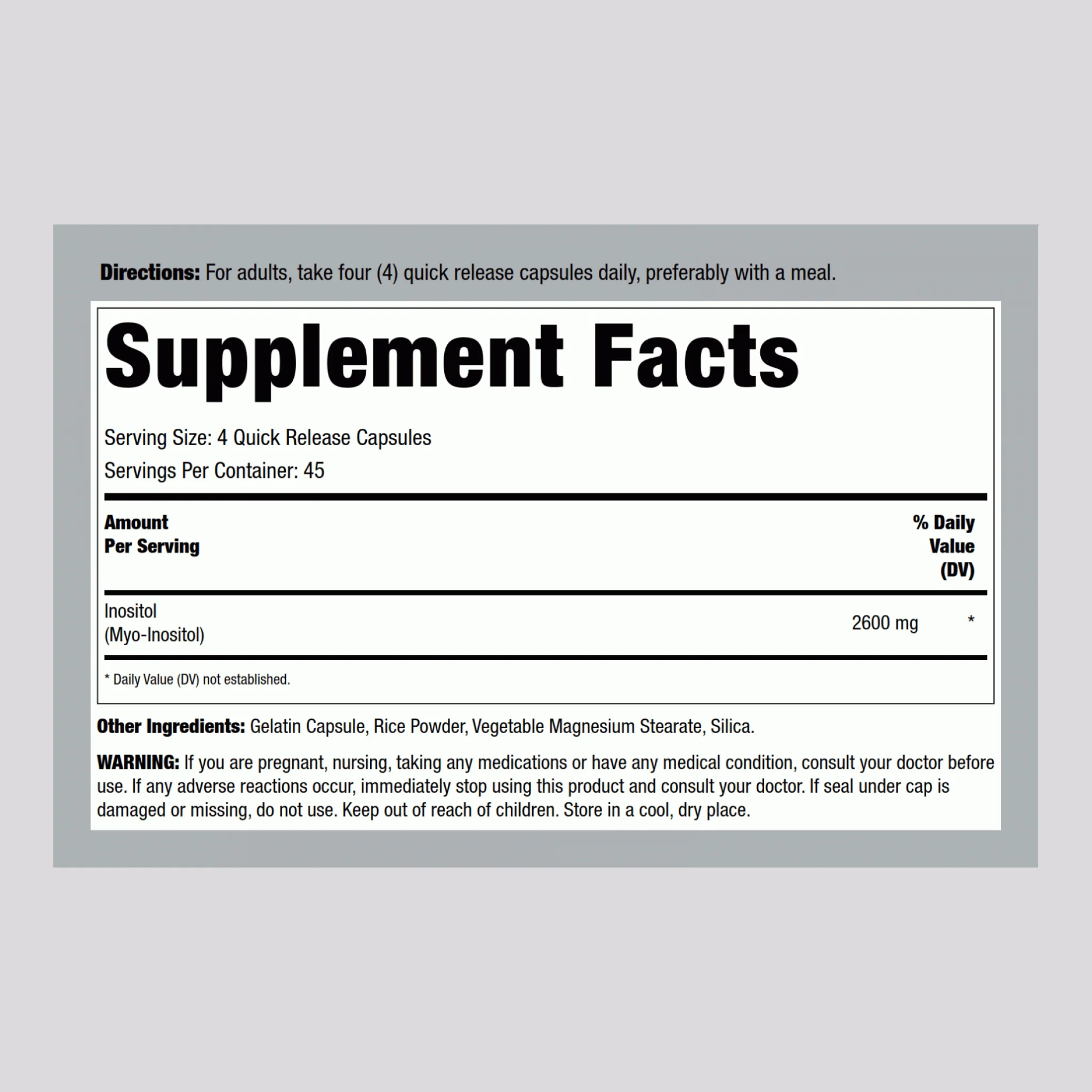 Myo-Inositol, 2600 mg (per serving), 180 Quick Release Capsules - Image 2
