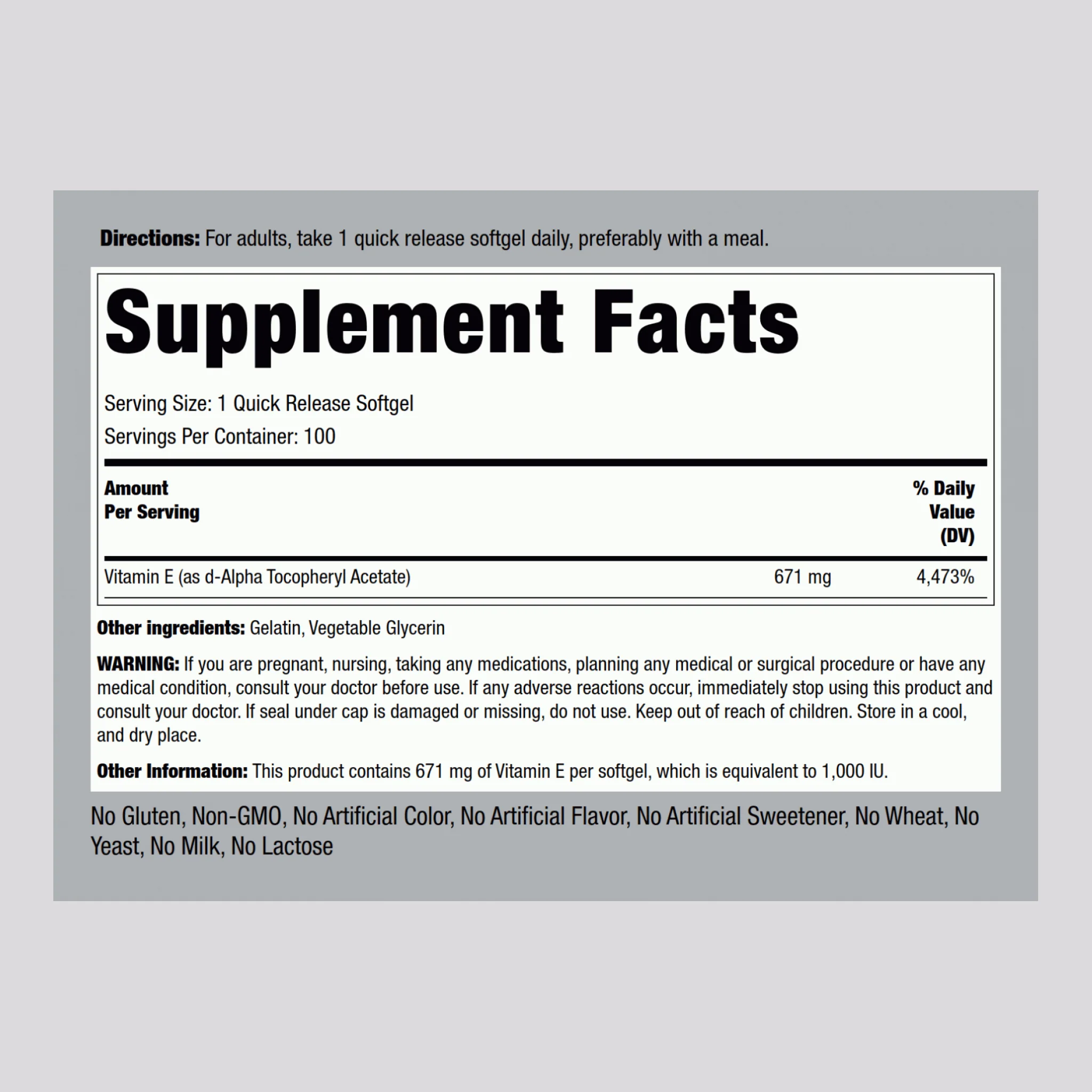 Natural Vitamin E, 1000 IU, 100 Quick Release Softgels, 2  Bottles - Image 2