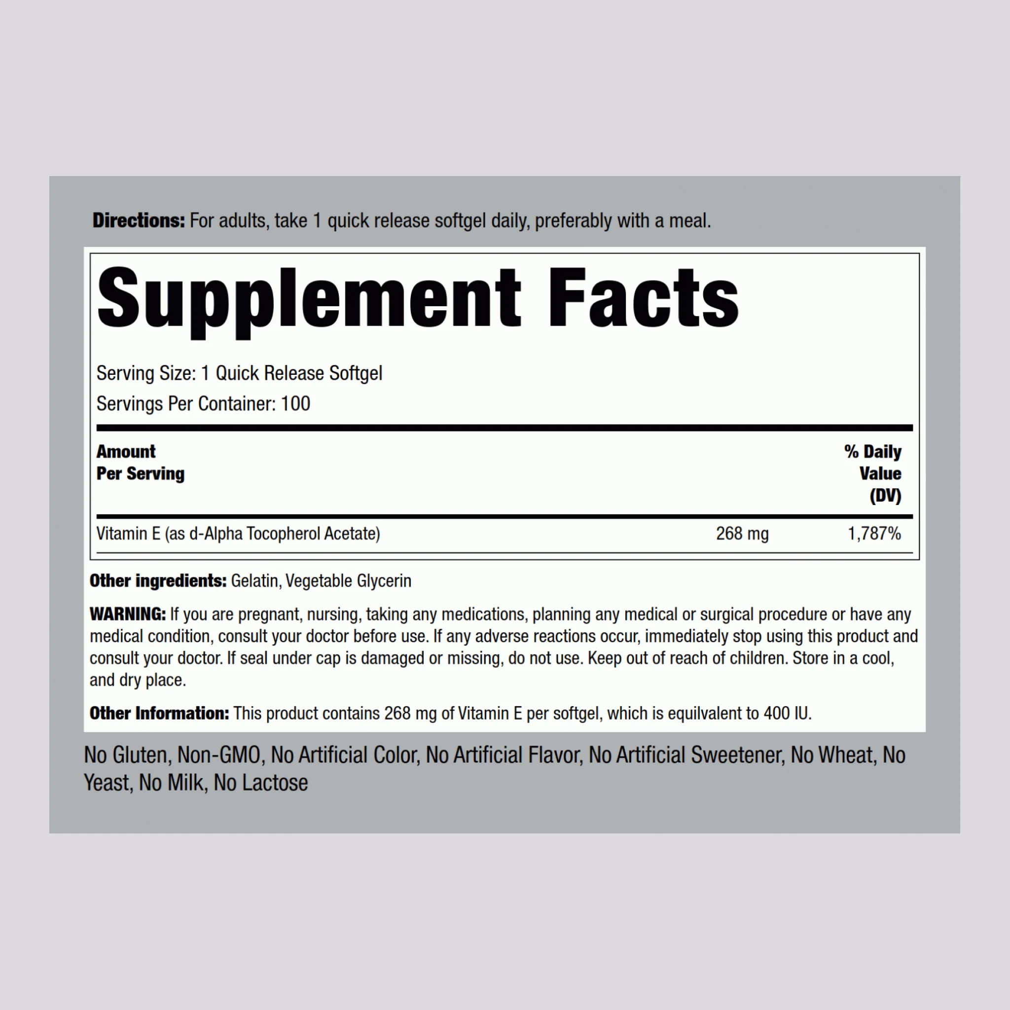 Natural Vitamin E, 400 IU, 100 Quick Release Softgels - Image 2
