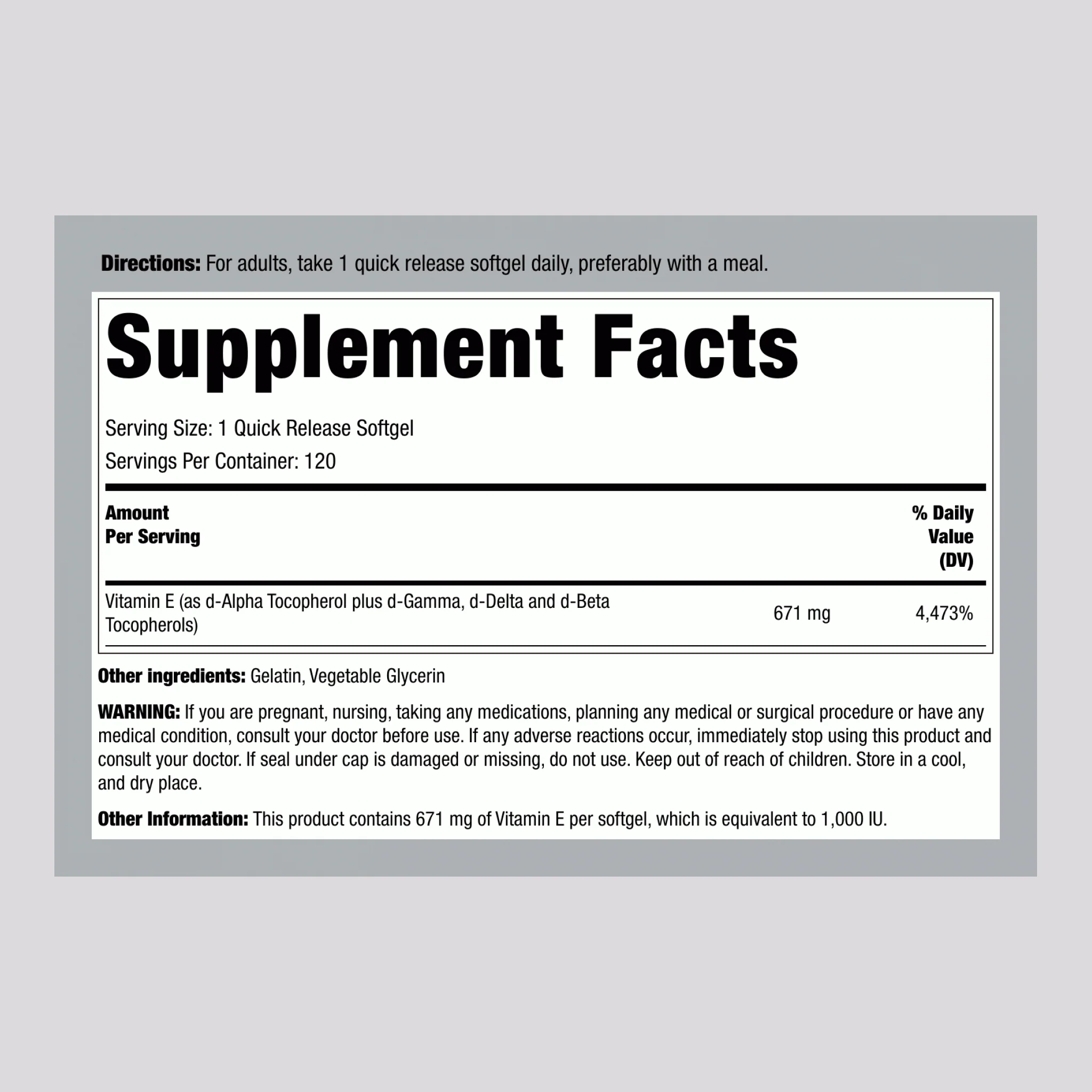 Natural Vitamin E Plus Mixed Tocopherols, 1000 IU, 120 Quick Release Softgels, 2  Bottles - Image 2