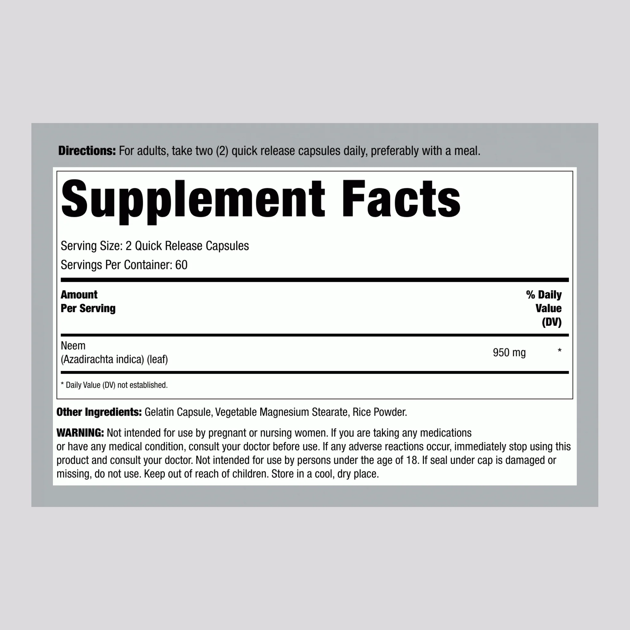 Neem Leaf, 950 mg (per serving), 120 Quick Release Capsules - Image 2