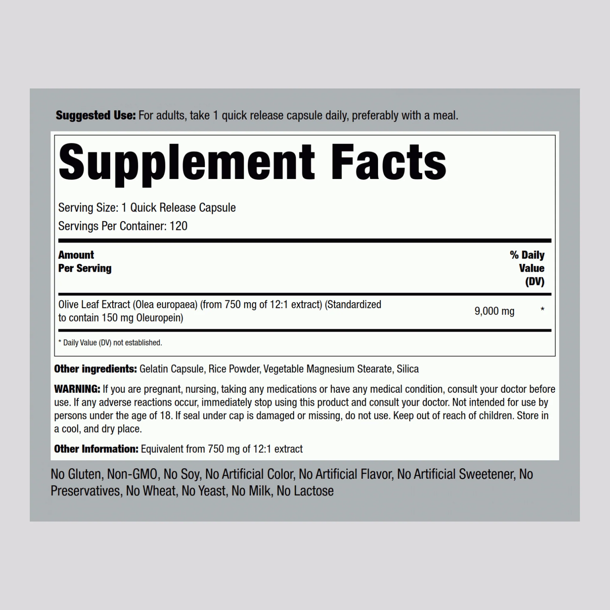 Olive Leaf Extract, 9000 mg, 120 Quick Release Capsules - Image 2