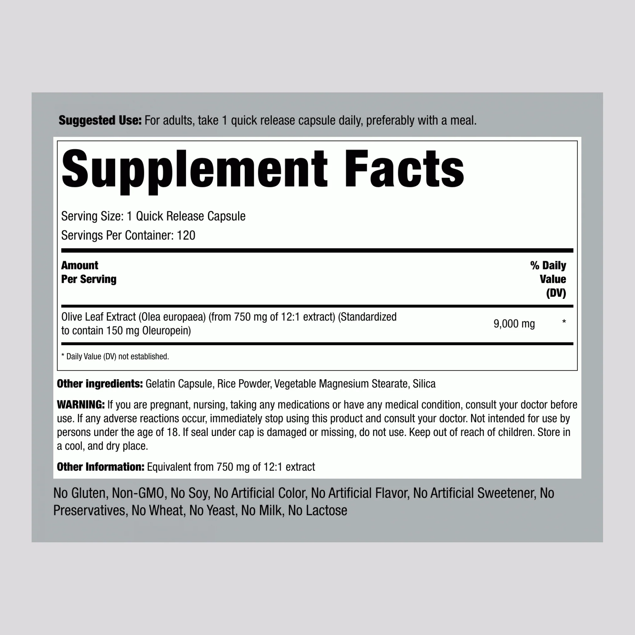 Olive Leaf Extract, 9000 mg, 120 Quick Release Capsules, 2  Bottles - Image 2