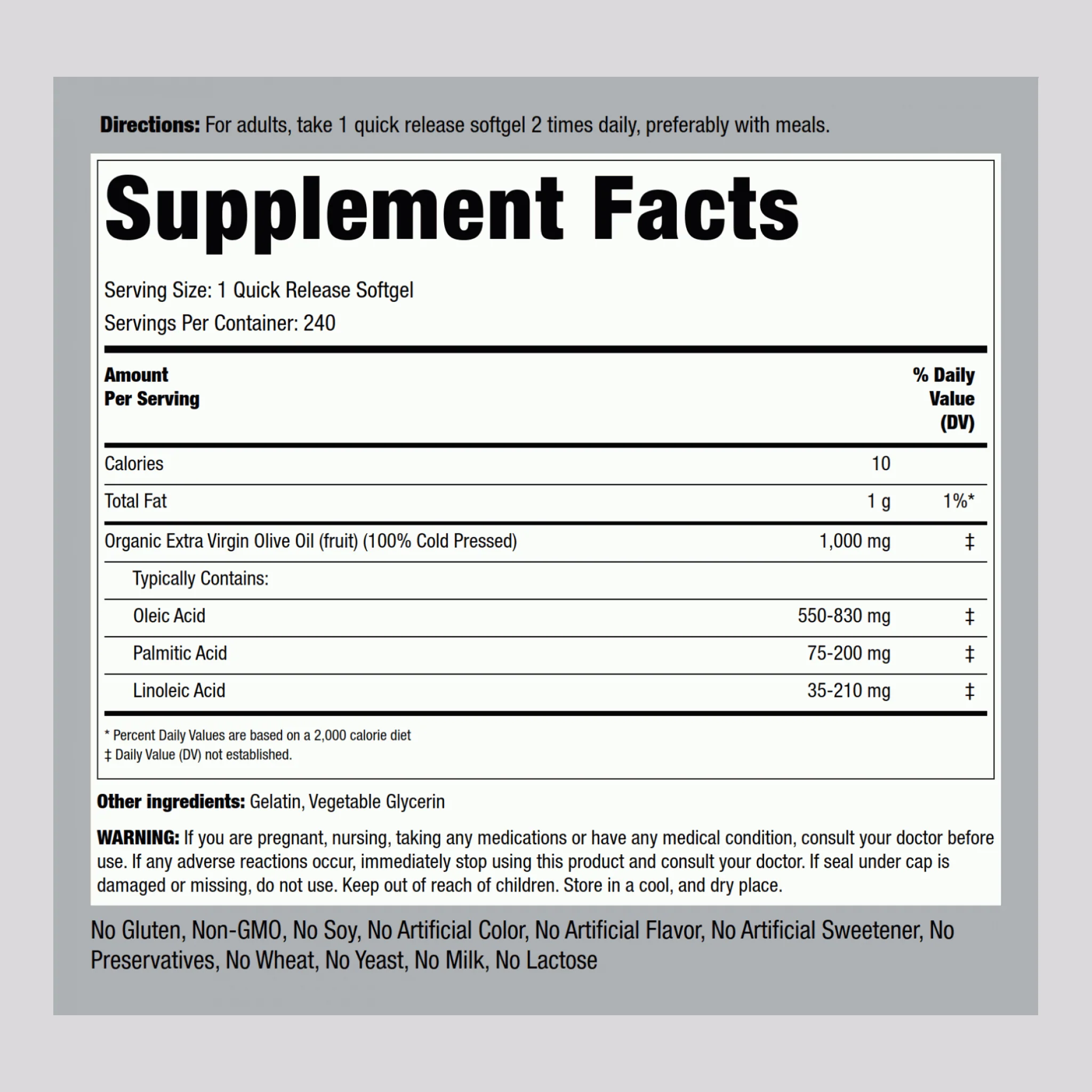 Olive Oil, 1000 mg, 240 Quick Release Softgels - Image 2