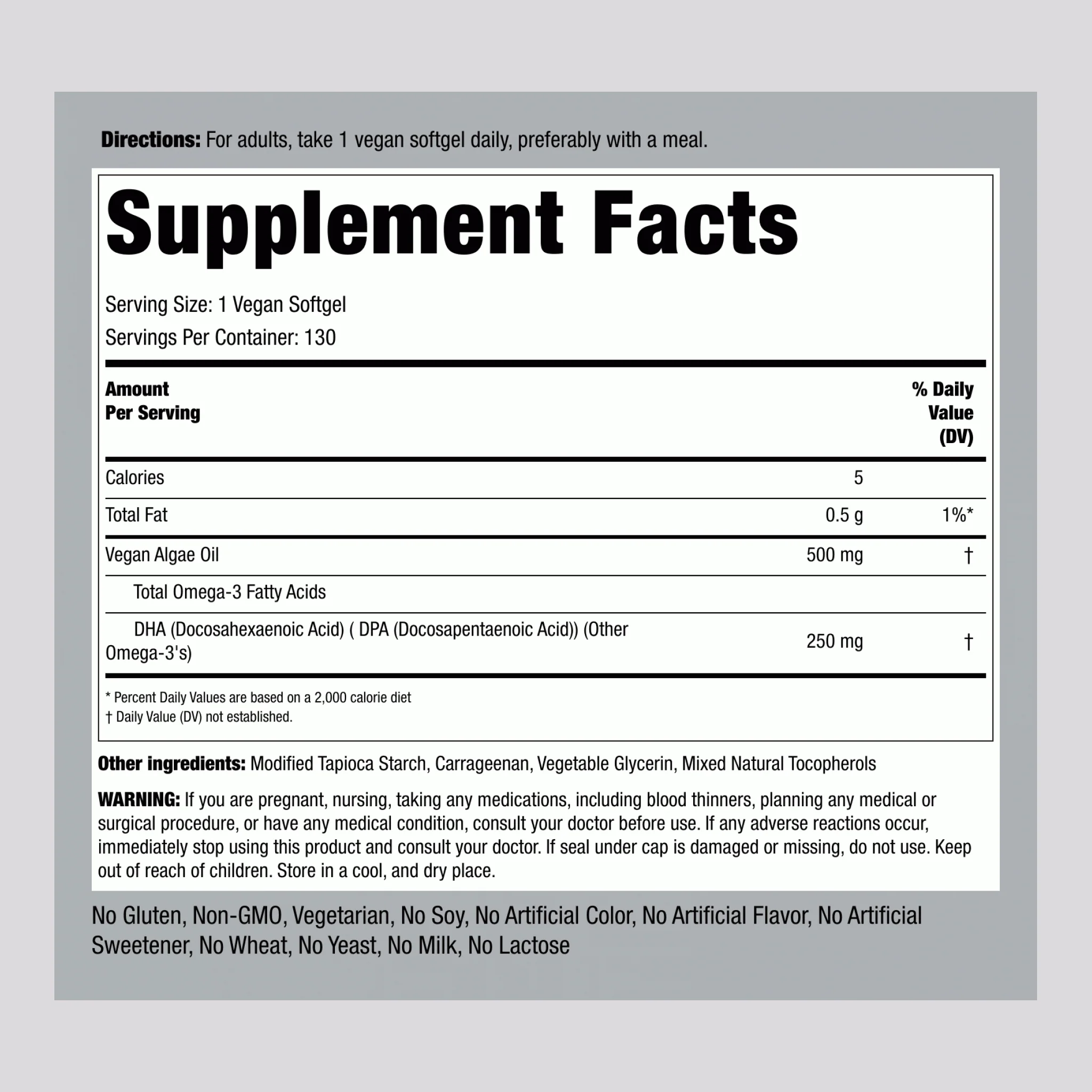 Omega-3 Algae Oil Vegan, 500 mg, 130 Veggie Gels, 2  Bottles - Image 2