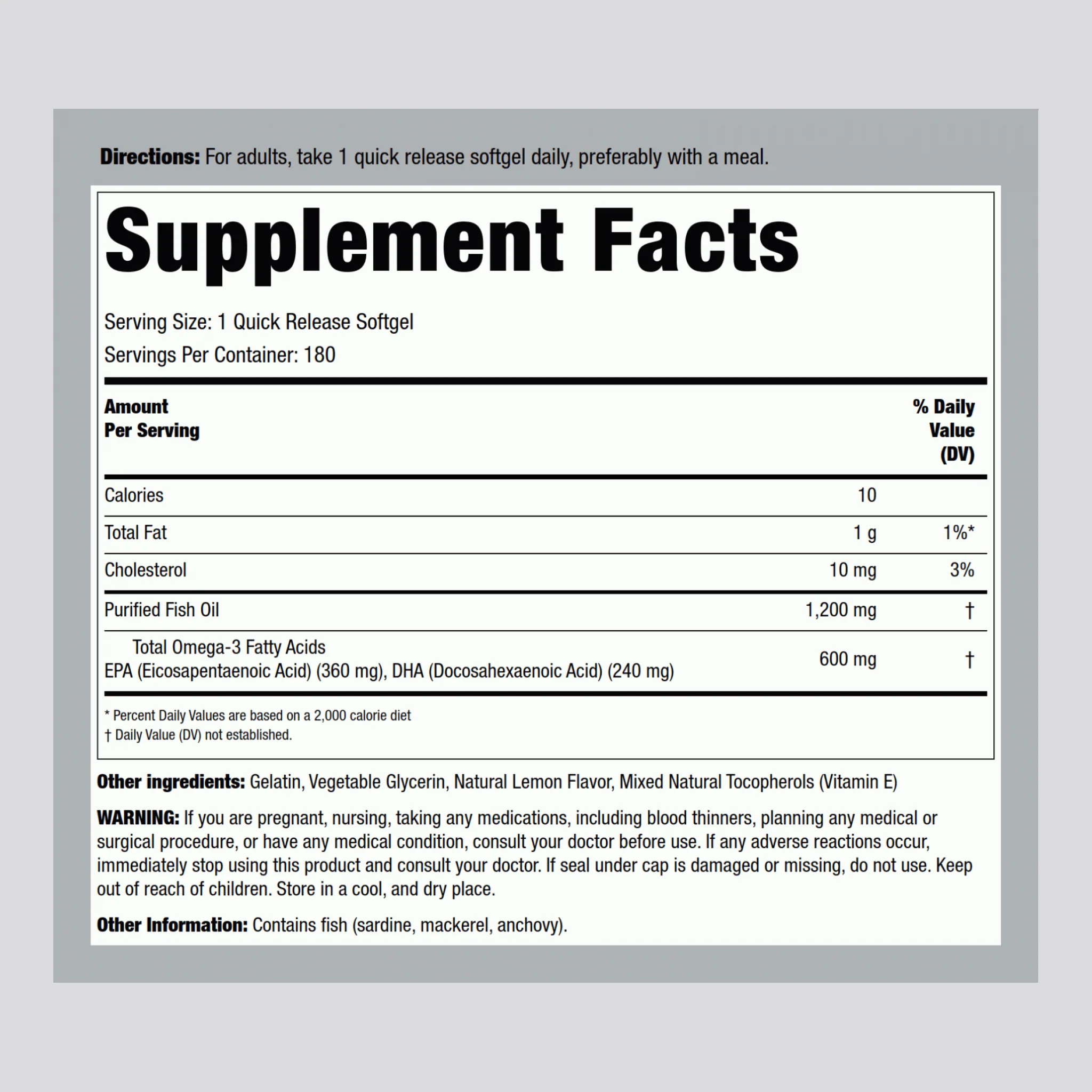 Omega-3 Fish Oil (Double Strength), 1200 mg, 180 Softgels - Image 2