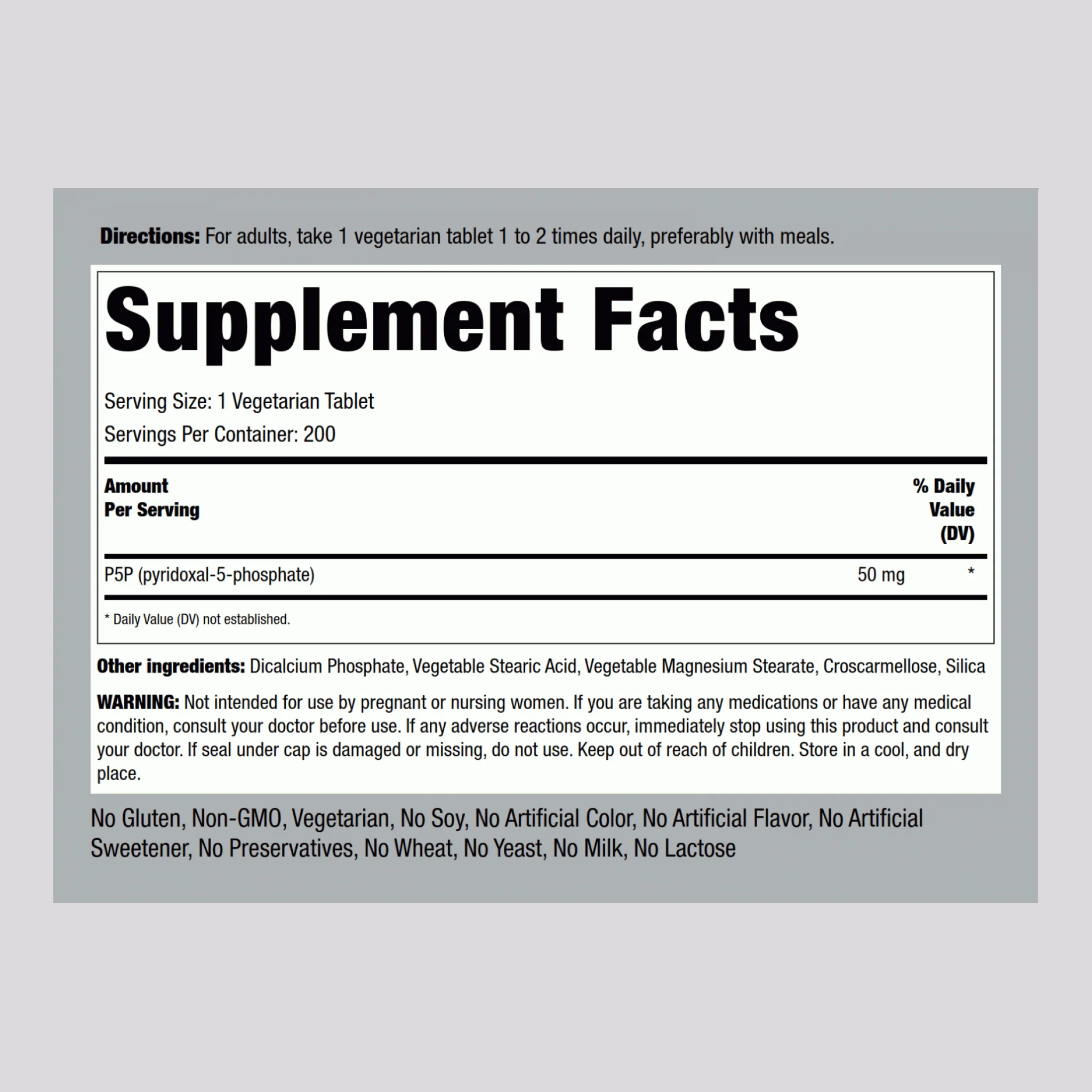P-5-P (Pyridoxal 5-Phosphate) Coenzymated Vitamin B-6, 50 mg, 200 Tablets - Image 2