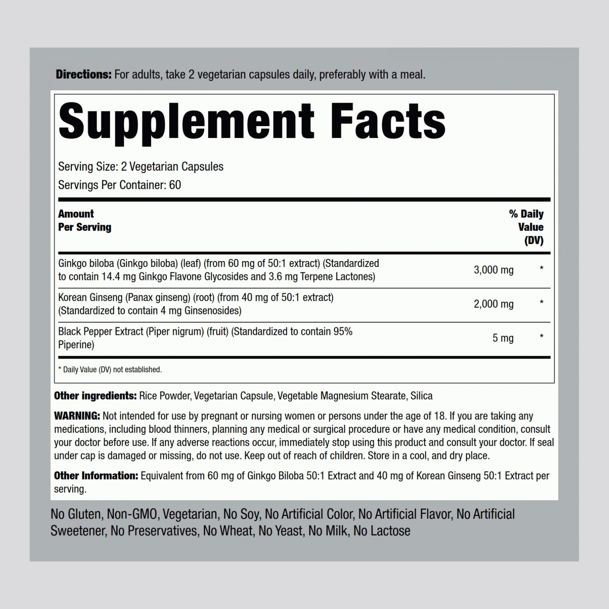 Panax Ginseng + Ginkgo, 5000 mg (per serving), 120 Vegetarian Capsules - Image 2