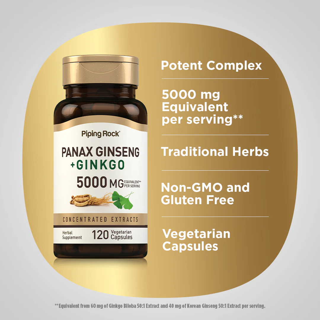 Panax Ginseng + Ginkgo, 5000 mg (per serving), 120 Vegetarian Capsules - Image 3