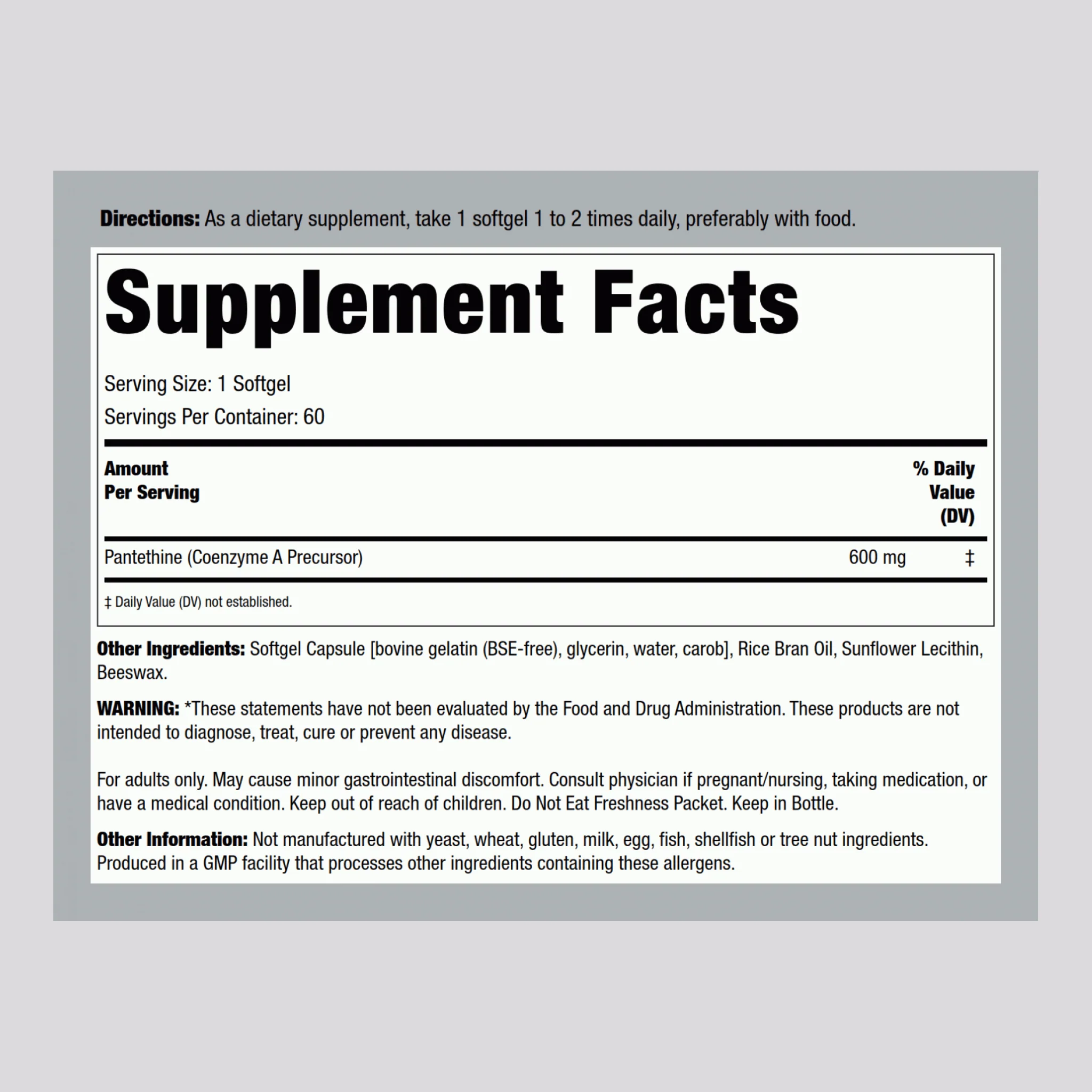 Pantethine (Coenzyme A), 600 mg, 60 Softgels - Image 2