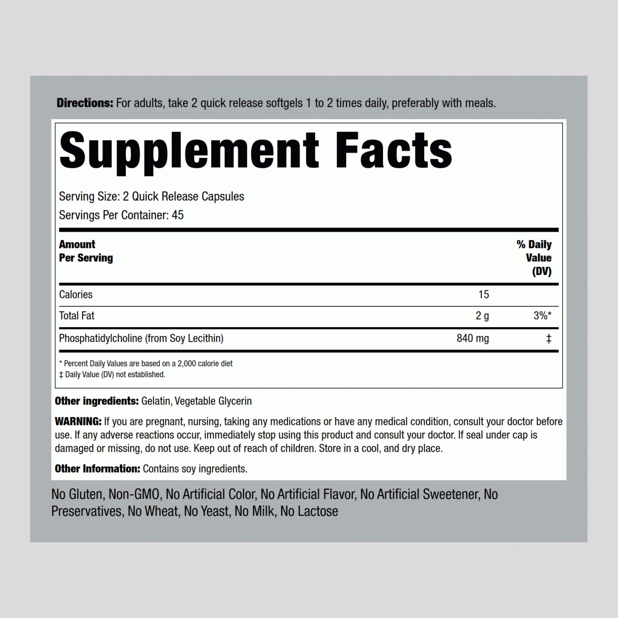 Phosphatidyl Choline, 840 mg (per serving), 90 Quick Release Softgels, 2  Bottles - Image 2