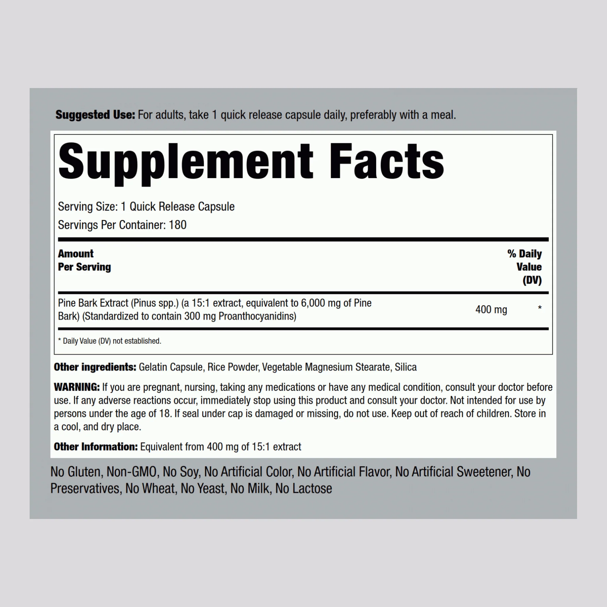 Pine Bark  Extract, 6000 mg, 180 Quick Release Capsules - Image 2