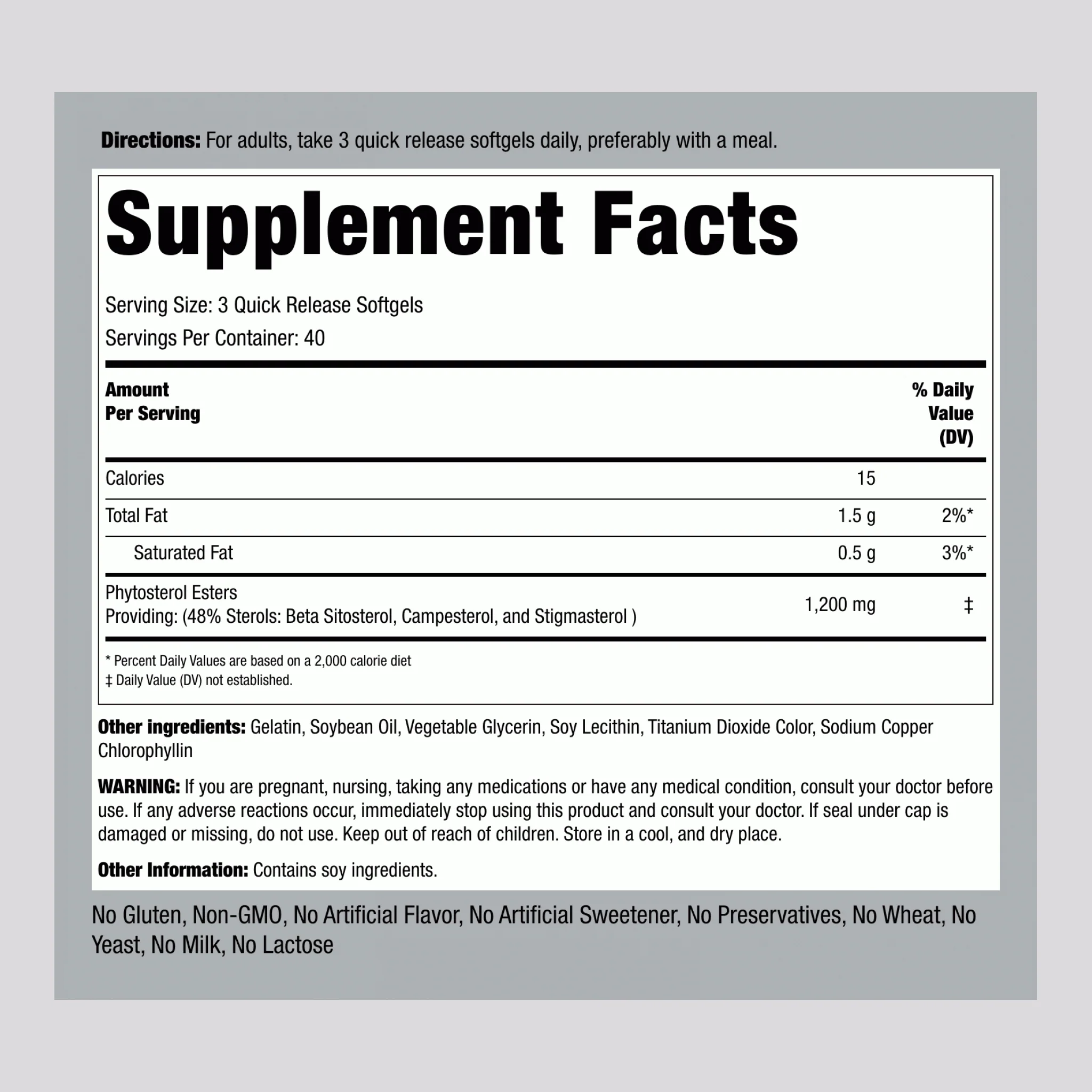 Plant Sterols Complex w/ Beta Sitosterol, 1200 mg (per serving), 120 Quick Release Softgels, 2  Bottles - Image 2
