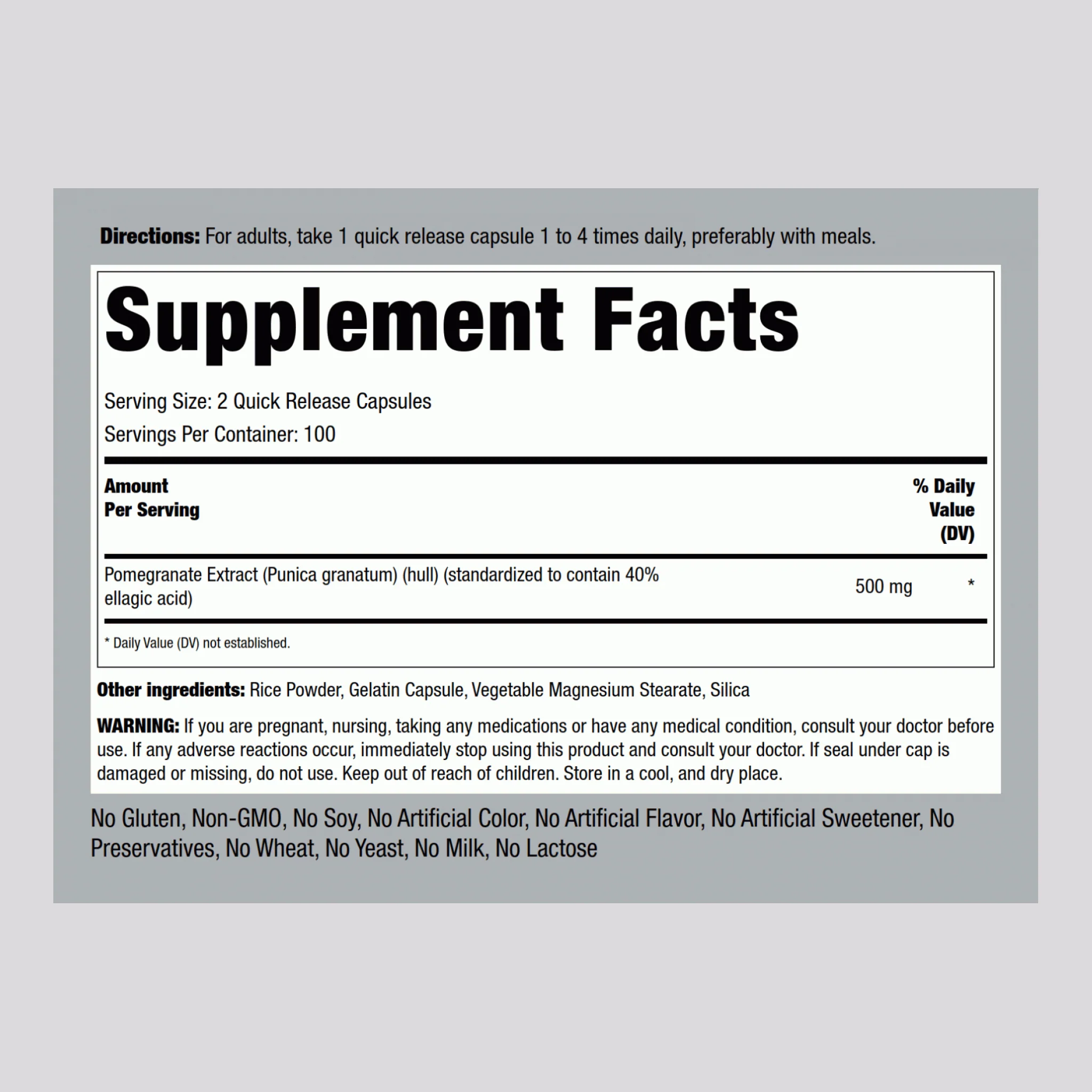 Pomegranate Extract (Standardized), 500 mg (per serving), 200 Quick Release Capsules - Image 2