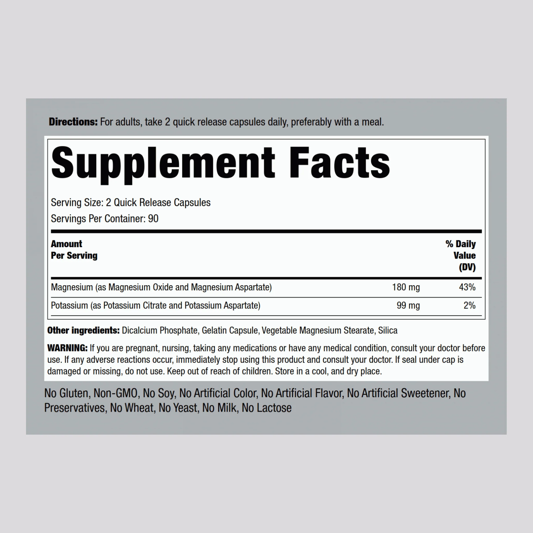 Potassium Magnesium Aspartate Complex, 99 mg/180 mg, 180 Quick Release Capsules - Image 2
