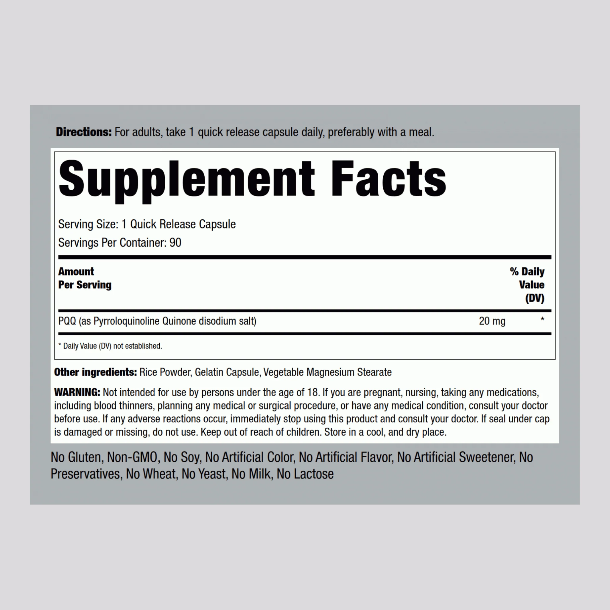 PQQ Pyrroloquinoline Quinone, 20 mg, 90 Quick Release Capsules - Image 2