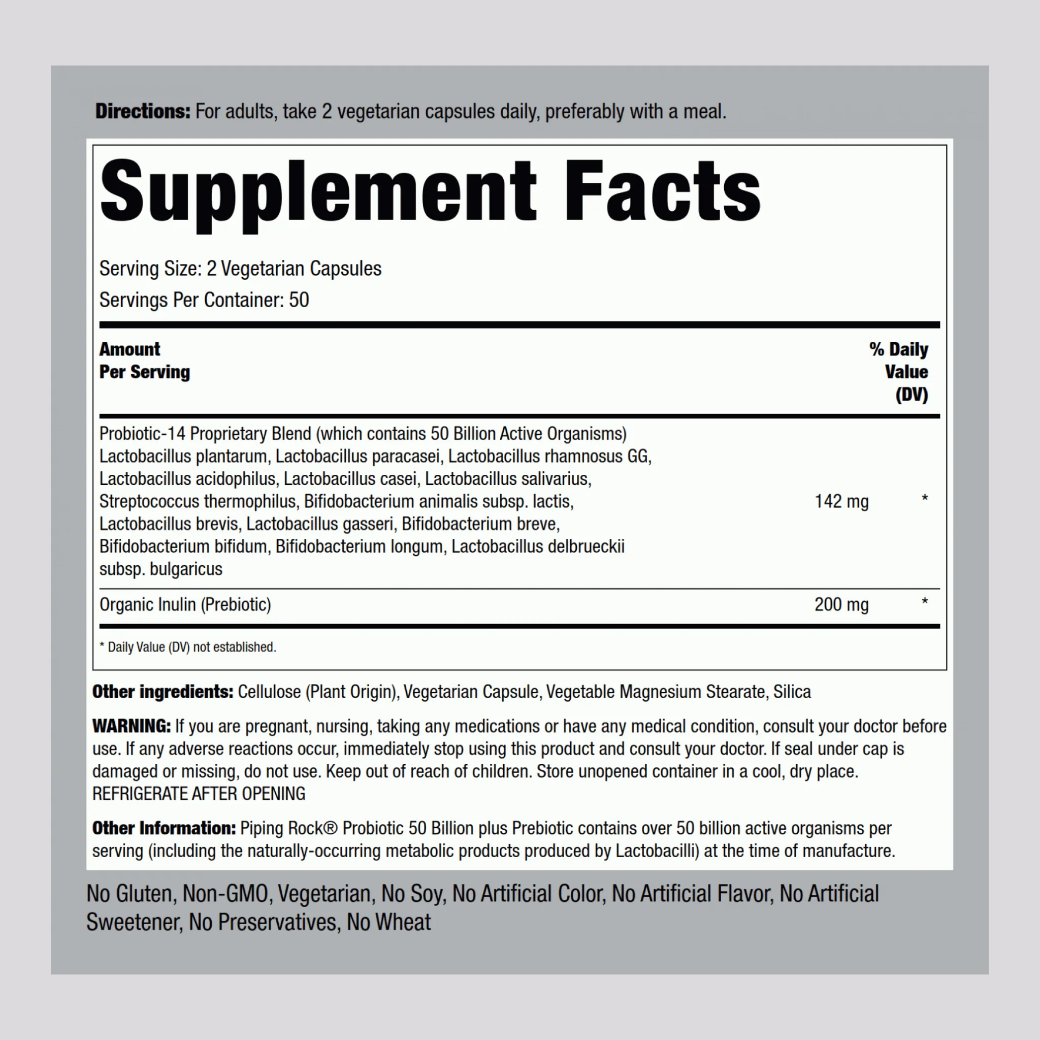 Probiotic 14 Strains 50 Billion Organisms plus Prebiotic, 100 Vegetarian Capsules - Image 2
