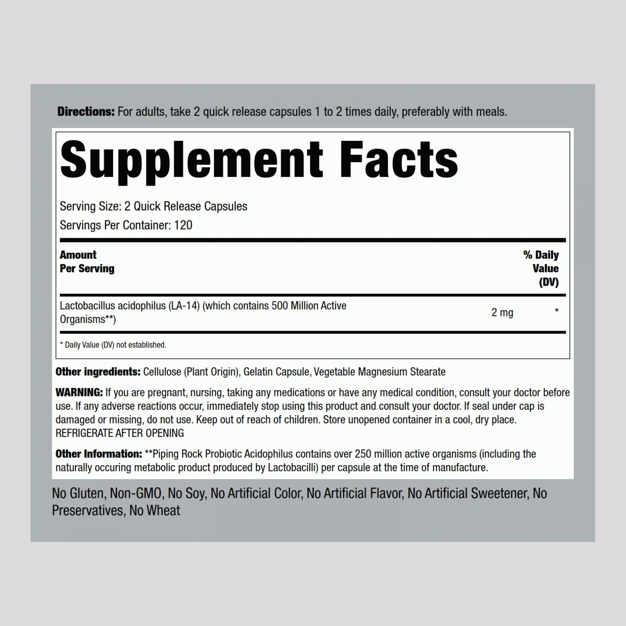 Probiotic Acidophilus 250 Million Organisms, 240 Quick Release Capsules, 2  Bottles - Image 2