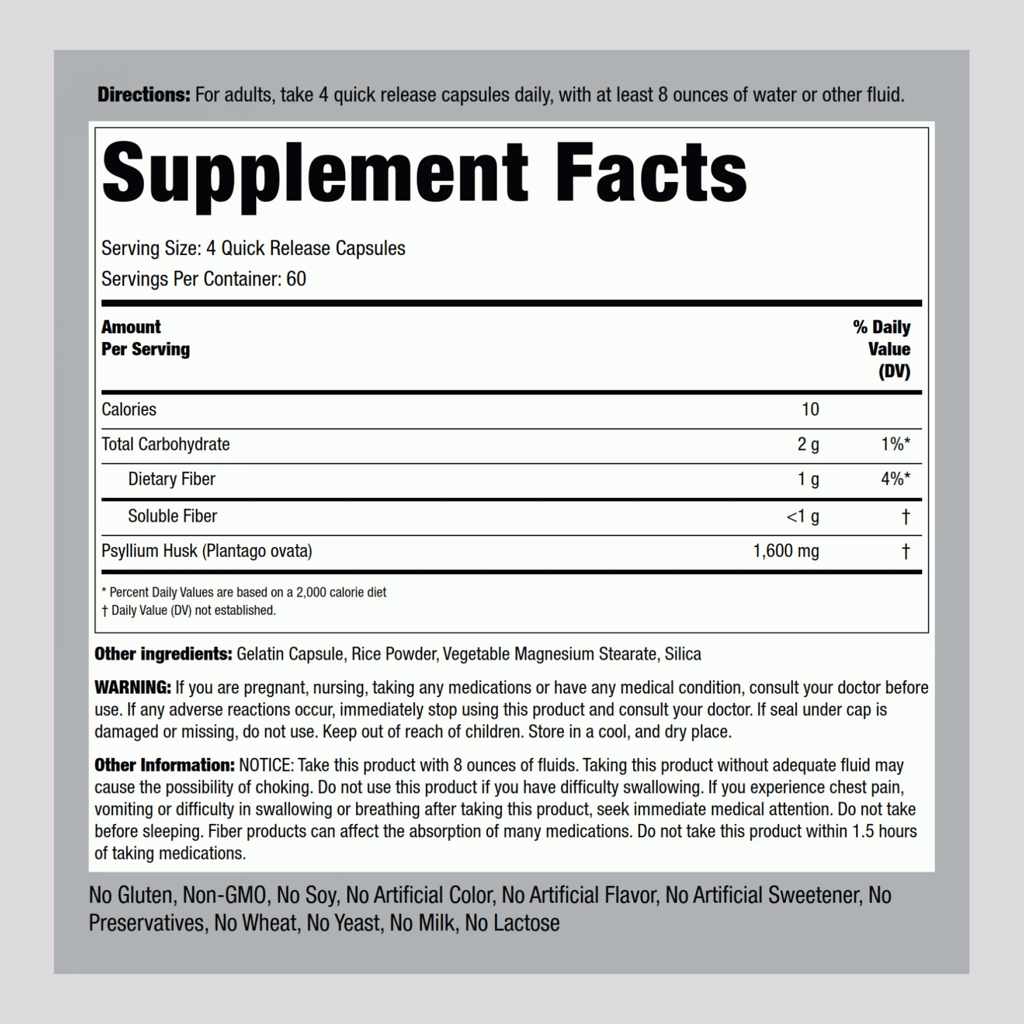 Psyllium Husks, 1600 mg (per serving), 240 Quick Release Capsules, 2  Bottles - Image 2