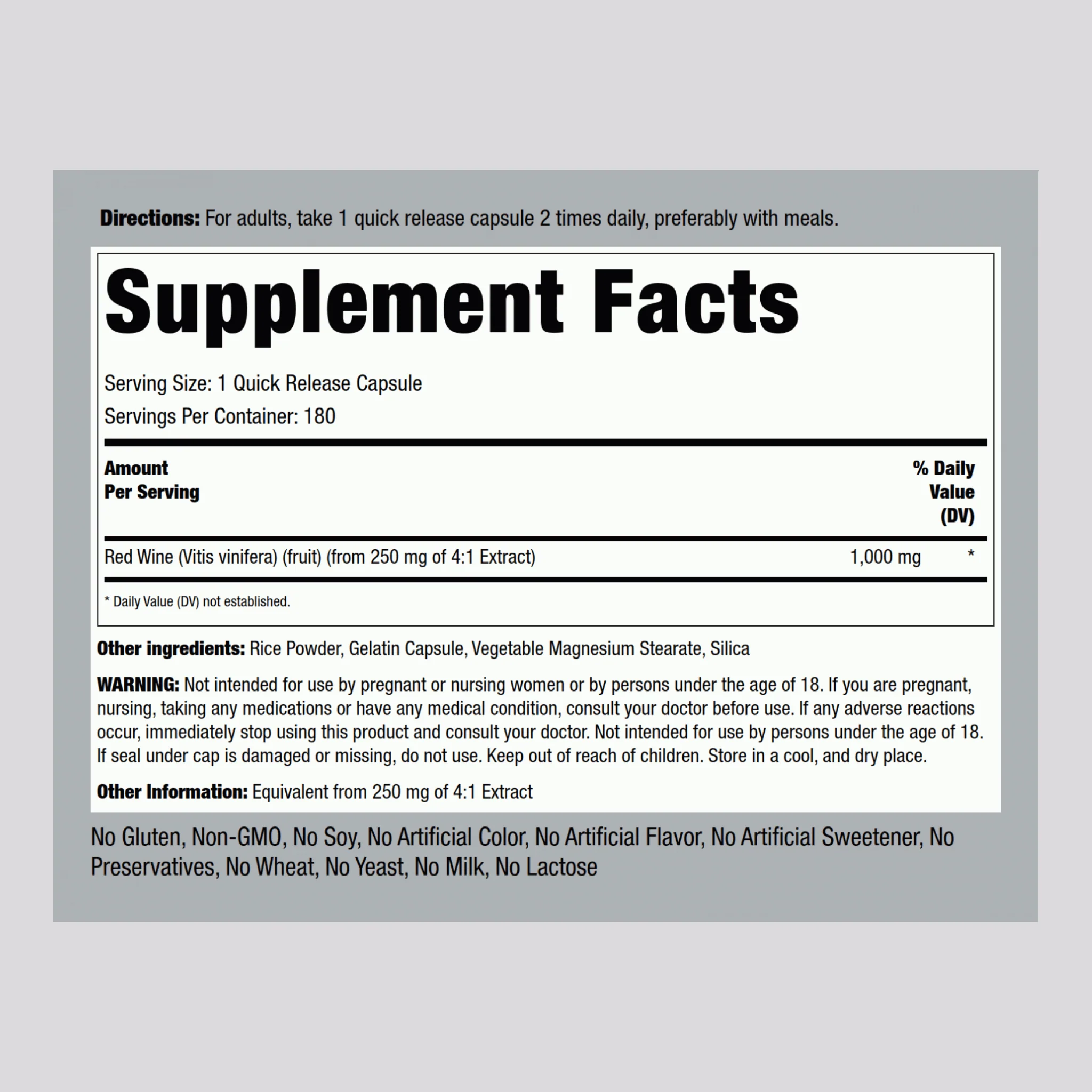Red Wine Extract, 1000 mg, 180 Quick Release Capsules - Image 2