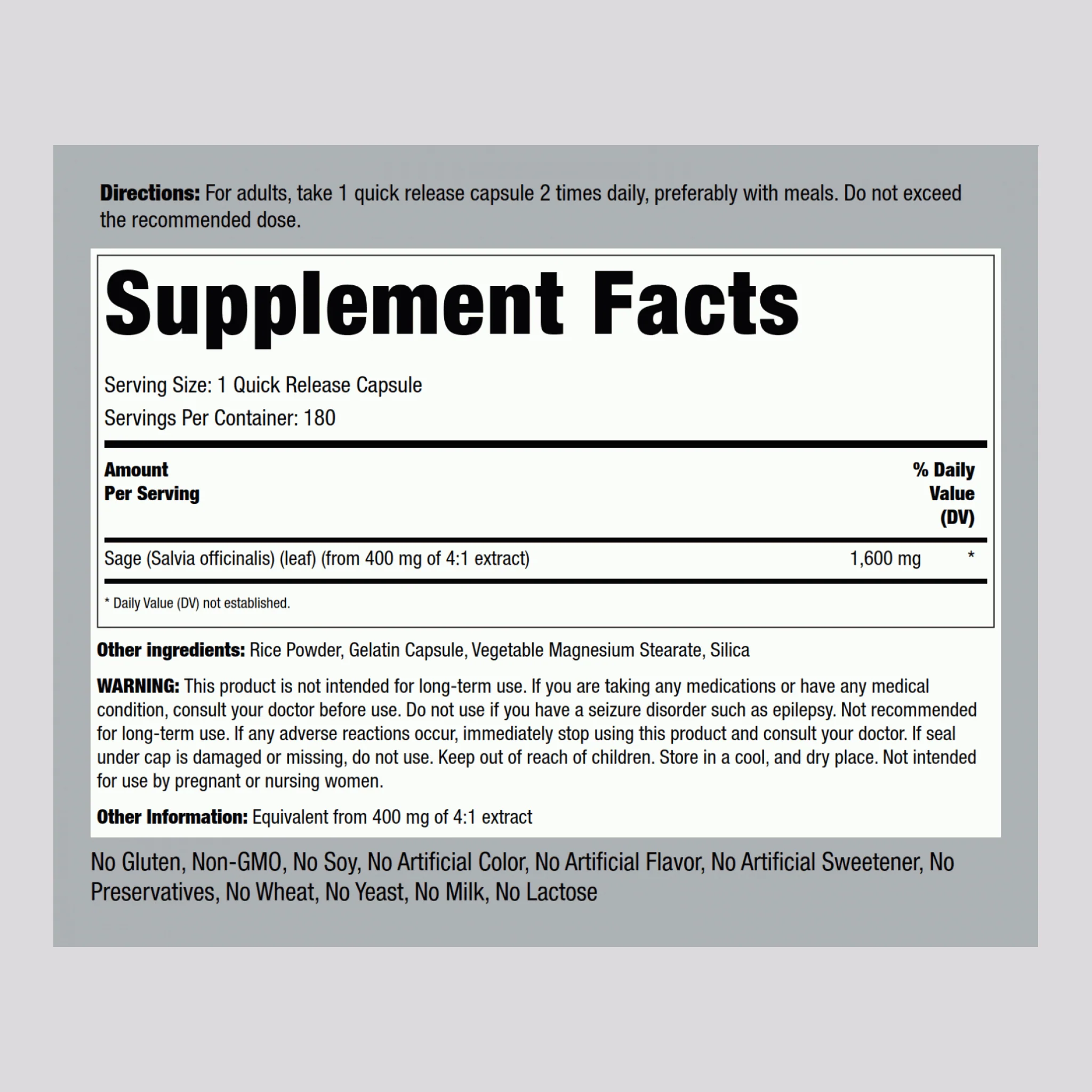 Sage, 1600 mg, 180 Quick Release Capsules - Image 2