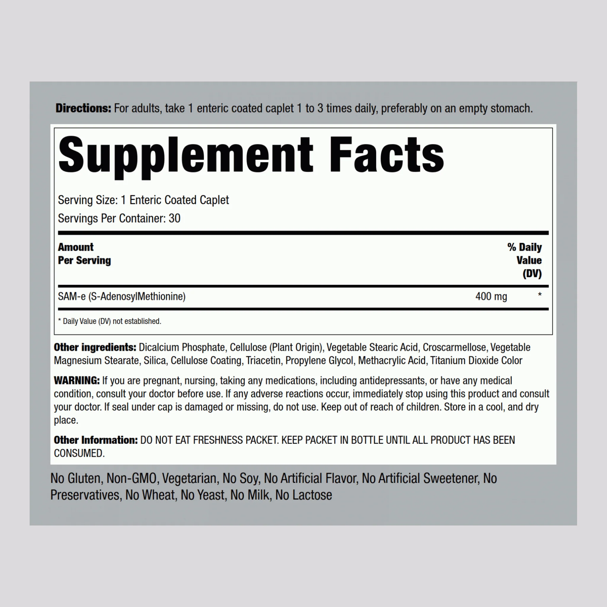 SAM-e Enteric Coated, 400 mg, 30 Enteric Coated Caplets - Image 2